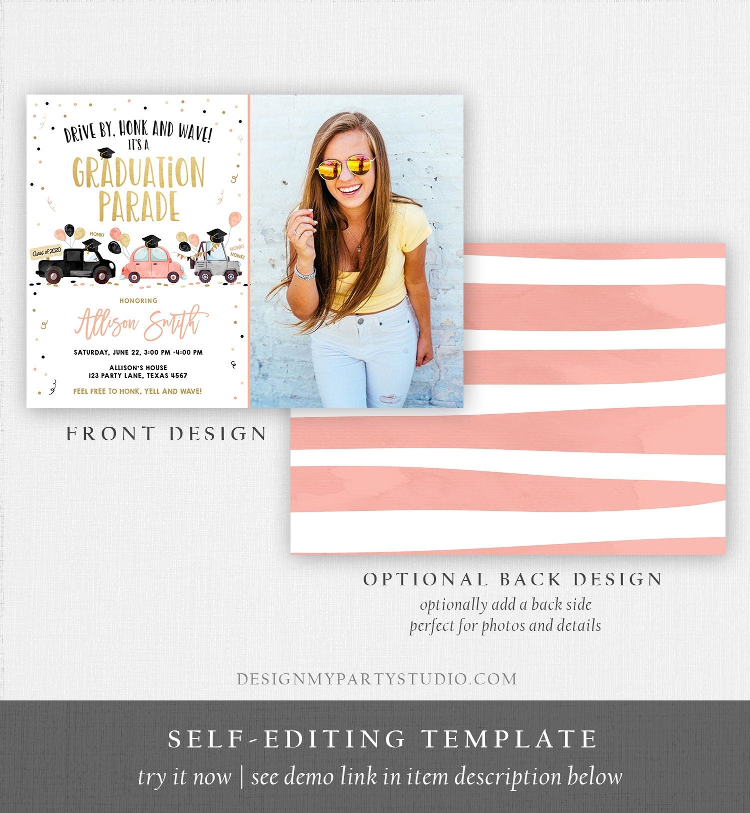 Editable Drive By Graduation Parade Invitation Drive Through Coral Girl Graduate High School Grad Class 2021 Quarantine Digital Corjl 0337