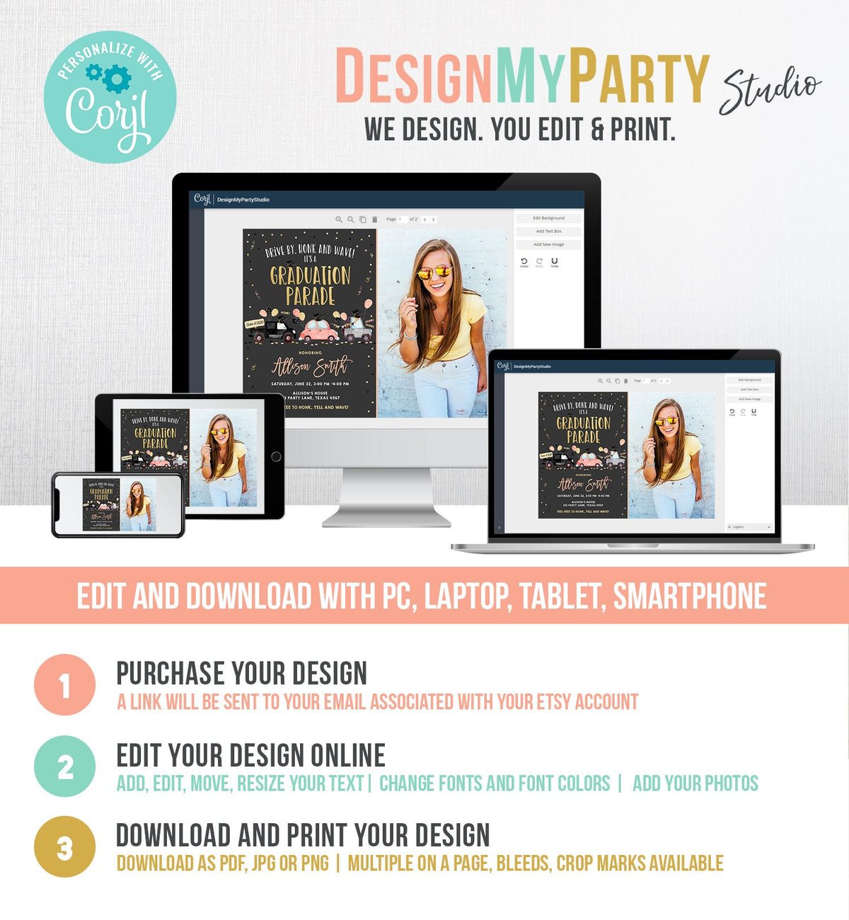 Editable Drive By Graduation Parade Invitation Drive Through Coral Girl Graduate High School Grad Class 2021 Quarantine Digital Corjl 0337