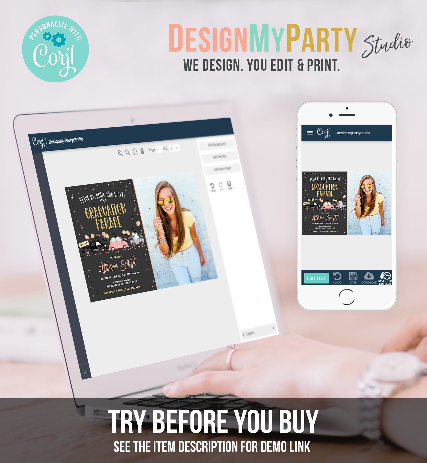 Editable Drive By Graduation Parade Invitation Drive Through Coral Girl Graduate High School Grad Class 2021 Quarantine Digital Corjl 0337