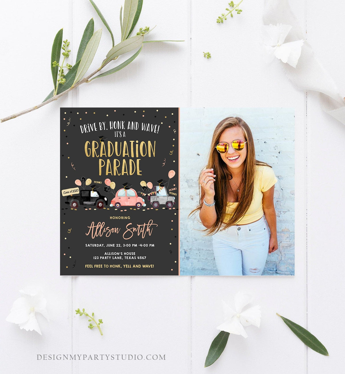 Editable Drive By Graduation Parade Invitation Drive Through Coral Girl Graduate High School Grad Class 2021 Quarantine Digital Corjl 0337