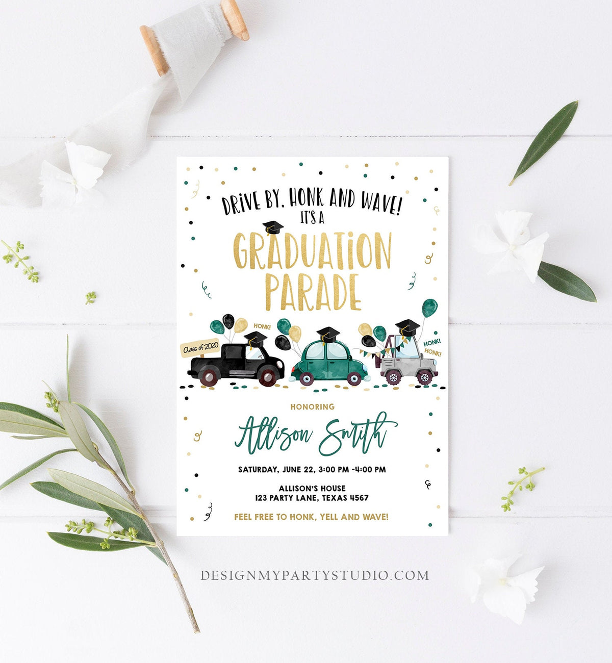Editable Drive By Graduation Parade Invitation Drive Through Green Boy Graduate High School Grad Class 2021 Quarantine Digital Corjl 0337