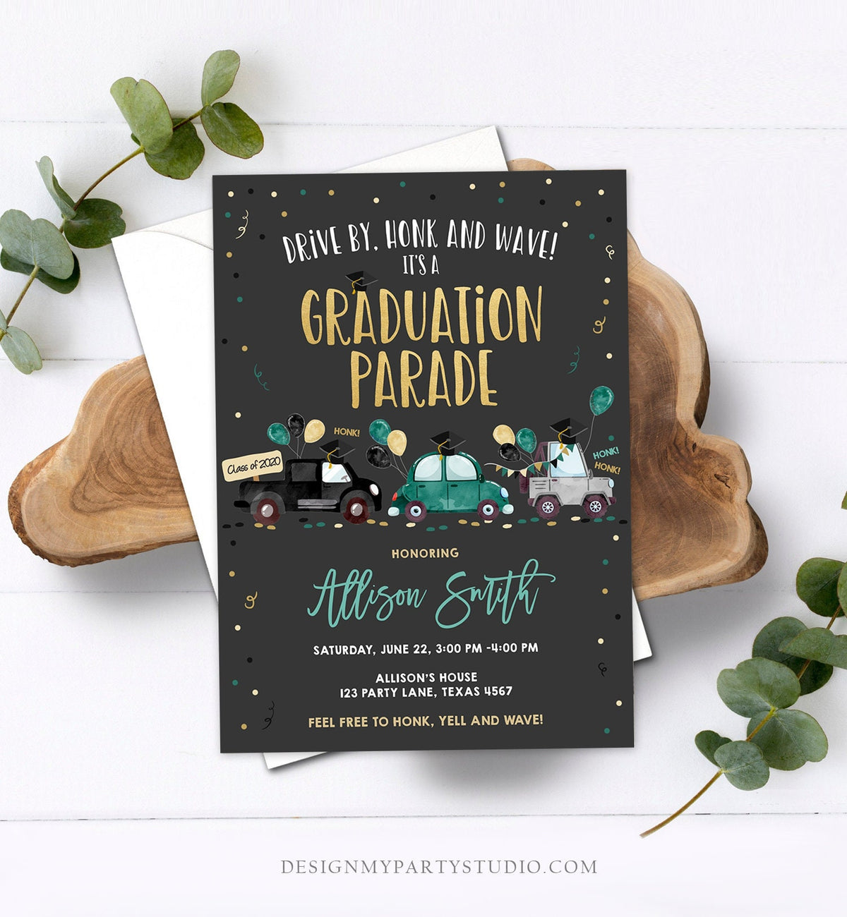 Editable Drive By Graduation Parade Invitation Drive Through Green Boy Graduate High School Grad Class 2021 Quarantine Digital Corjl 0337