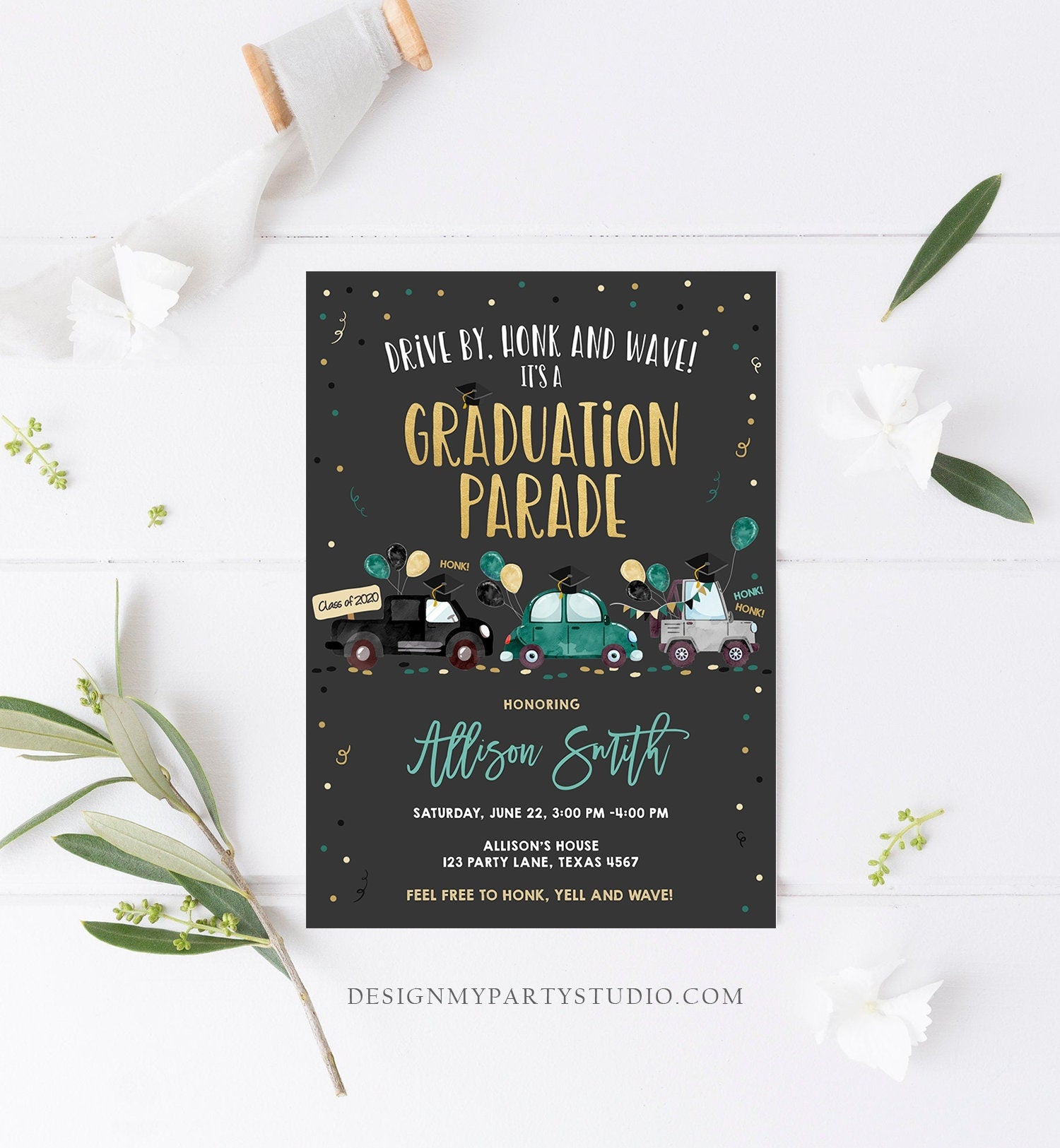 Editable Drive By Graduation Parade Invitation Drive Through Green Boy Graduate High School Grad Class 2021 Quarantine Digital Corjl 0337