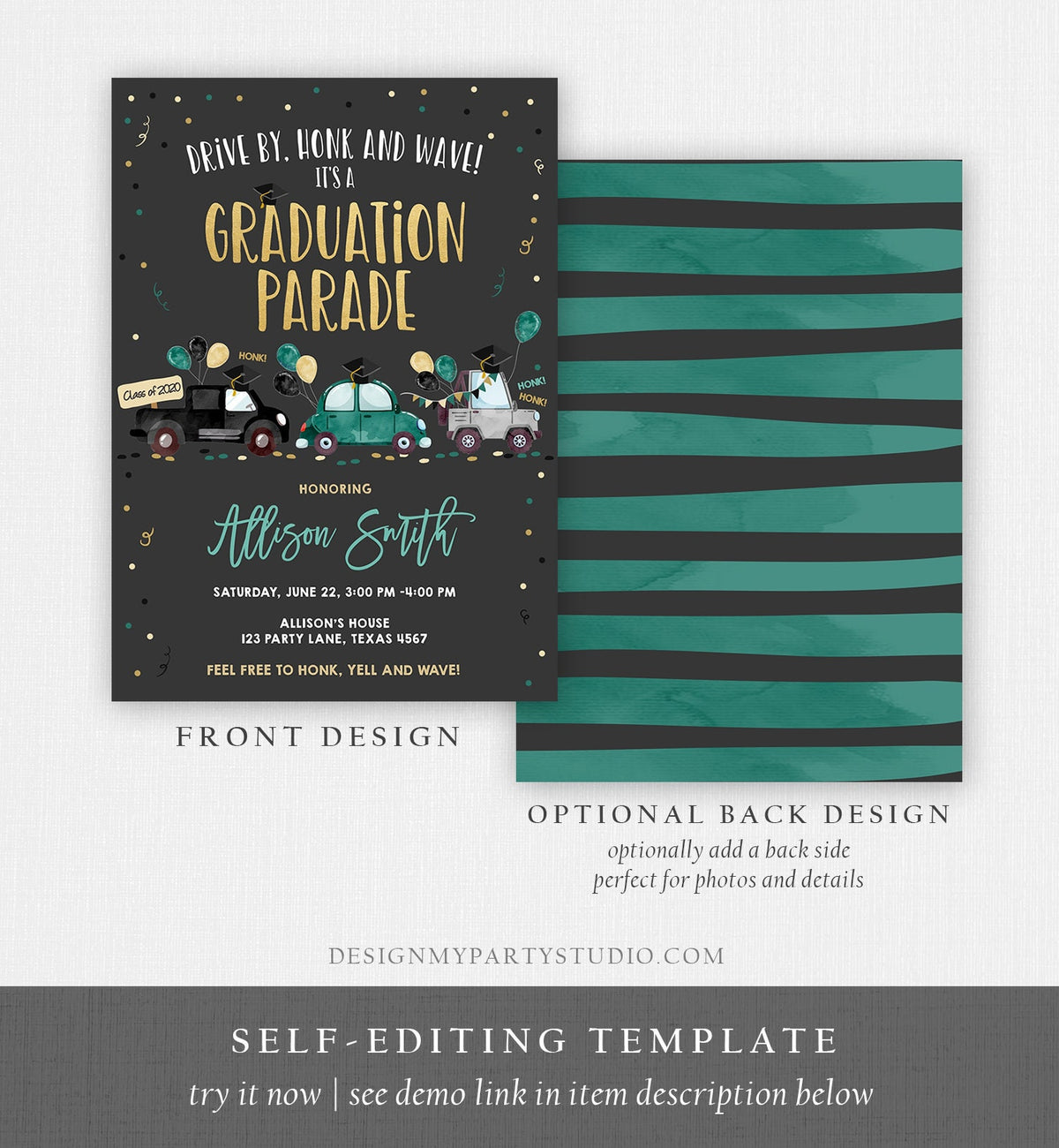 Editable Drive By Graduation Parade Invitation Drive Through Green Boy Graduate High School Grad Class 2021 Quarantine Digital Corjl 0337