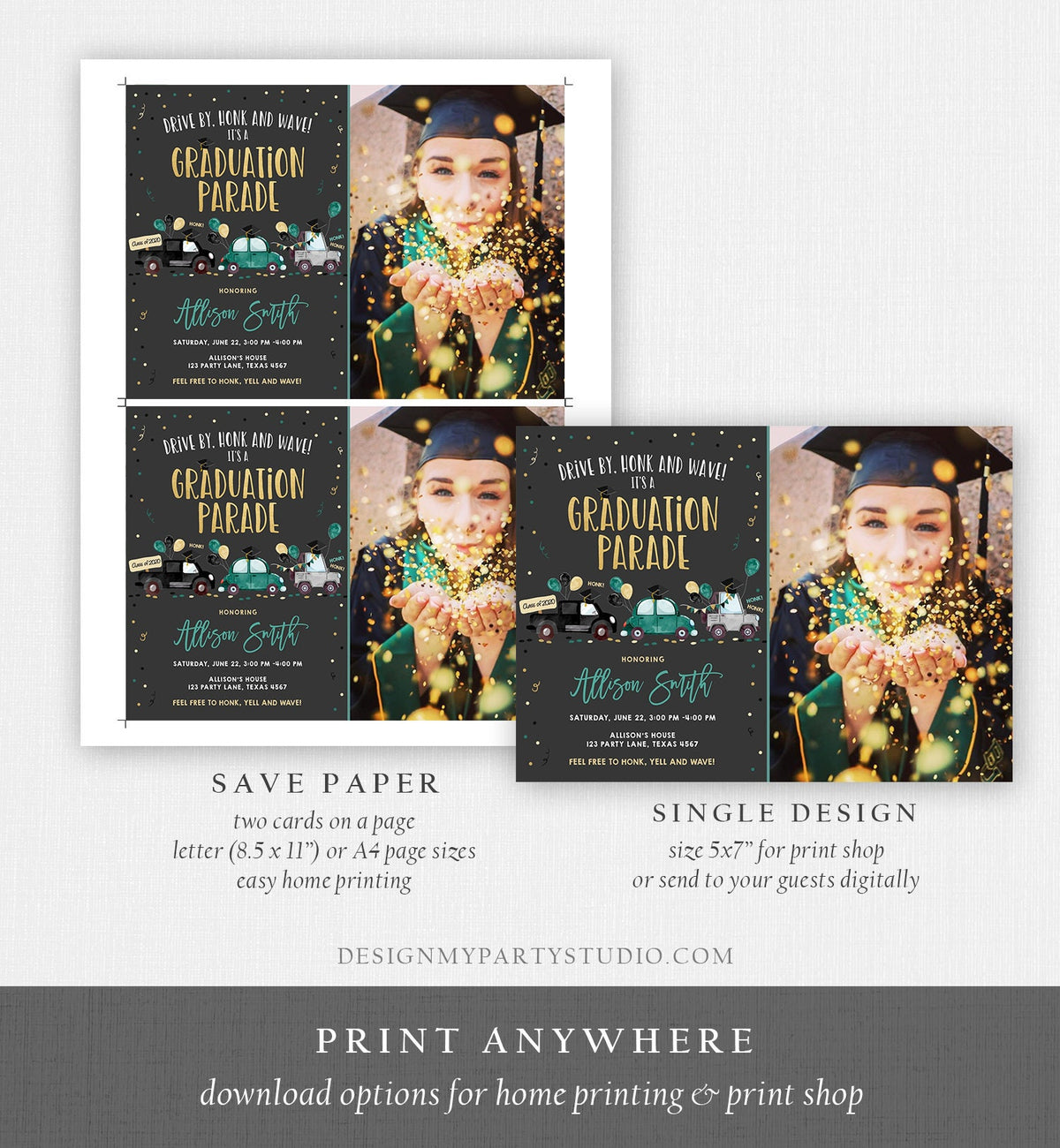 Editable Drive By Graduation Parade Invitation Drive Through Green Boy Graduate High School Grad Class 2021 Quarantine Digital Corjl 0337