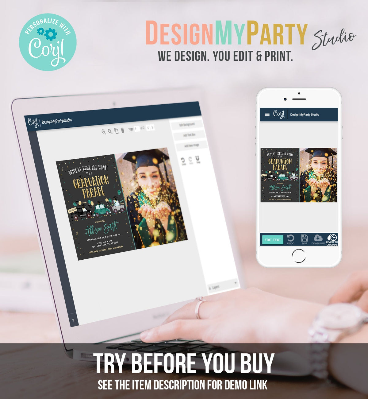 Editable Drive By Graduation Parade Invitation Drive Through Green Boy Graduate High School Grad Class 2021 Quarantine Digital Corjl 0337