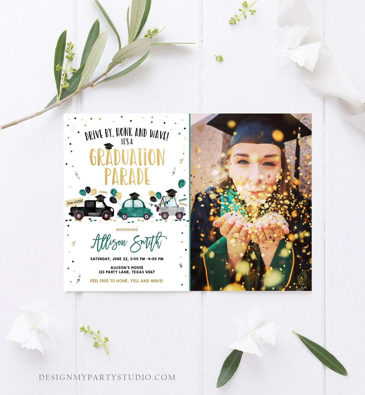 Editable Drive By Graduation Parade Invitation Drive Through Green Boy Graduate High School Grad Class 2021 Quarantine Digital Corjl 0337