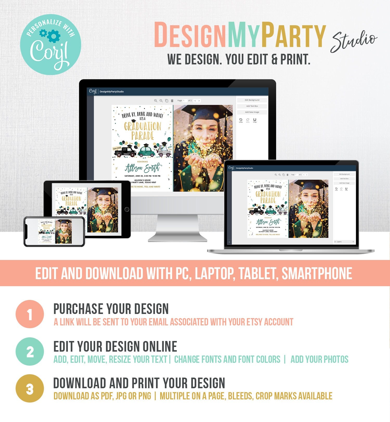 Editable Drive By Graduation Parade Invitation Drive Through Green Boy Graduate High School Grad Class 2021 Quarantine Digital Corjl 0337