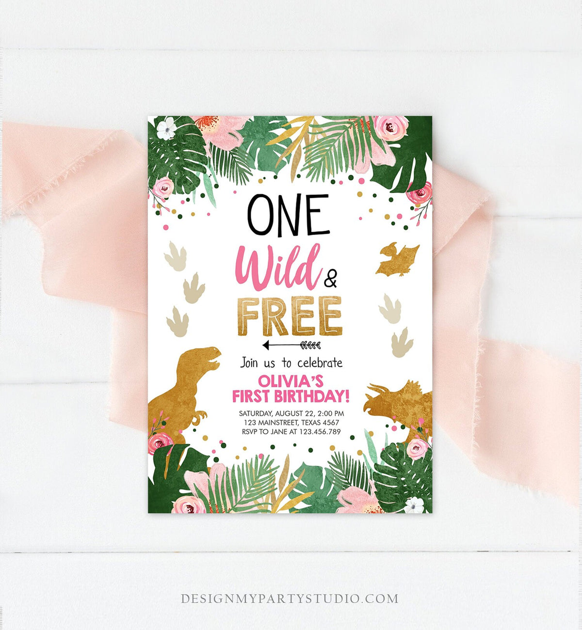 Editable One Wild and Free Dinosaur Birthday Invitation Dinosaur Party Girl Pink Gold First Birthday 1st Corjl Template Digital 0146