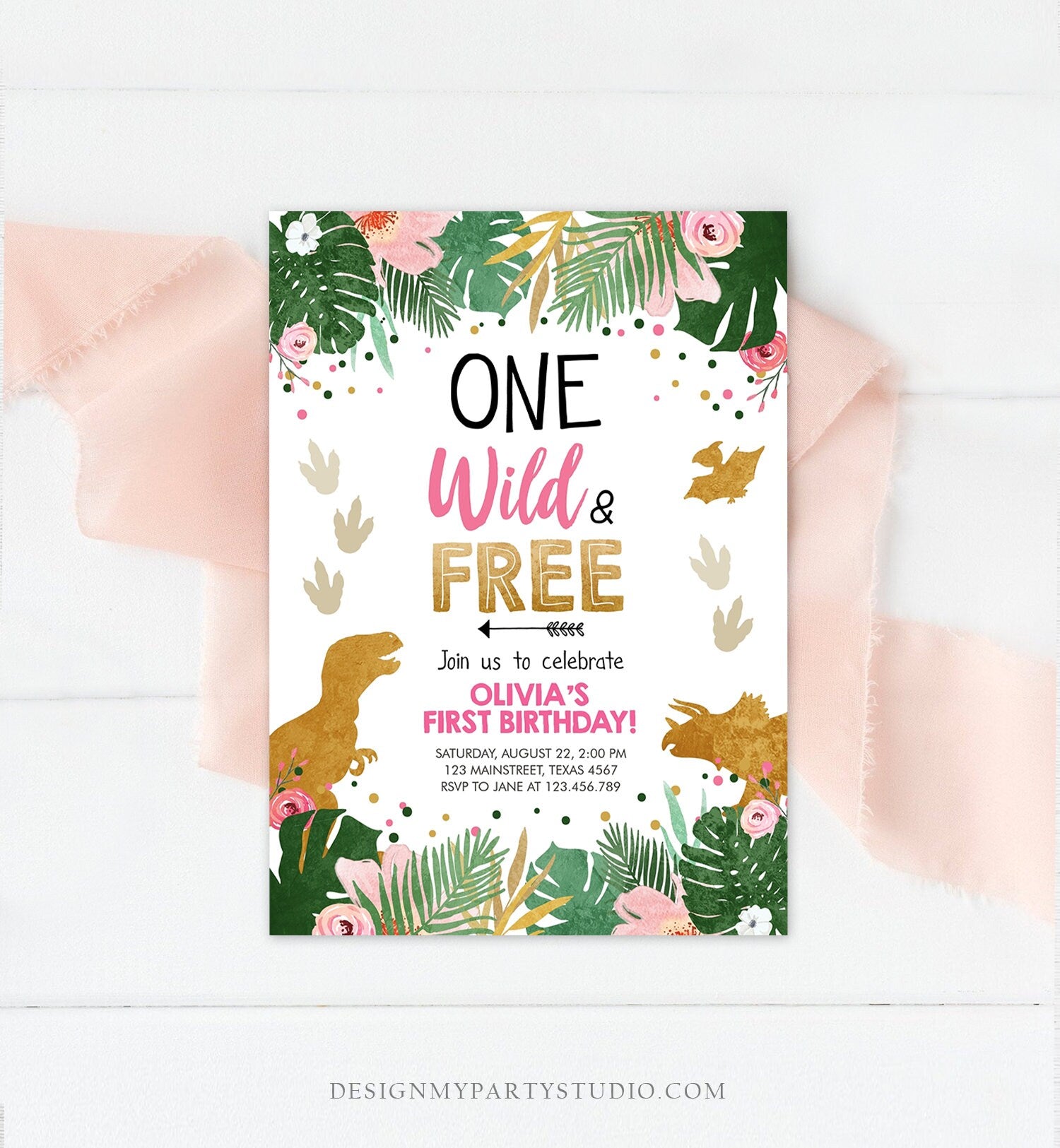 Editable One Wild and Free Dinosaur Birthday Invitation Dinosaur Party Girl Pink Gold First Birthday 1st Corjl Template Digital 0146