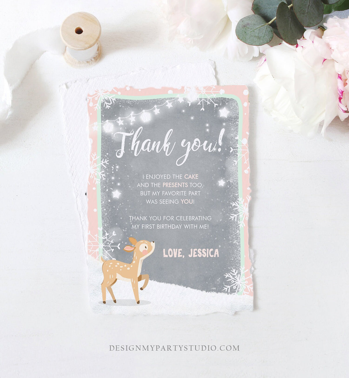 Editable Winter ONEderland Thank You Card Birthday First Birthday Snow Snowflake Girl Pink Mint Grey Deer Printable Template Corjl 0109