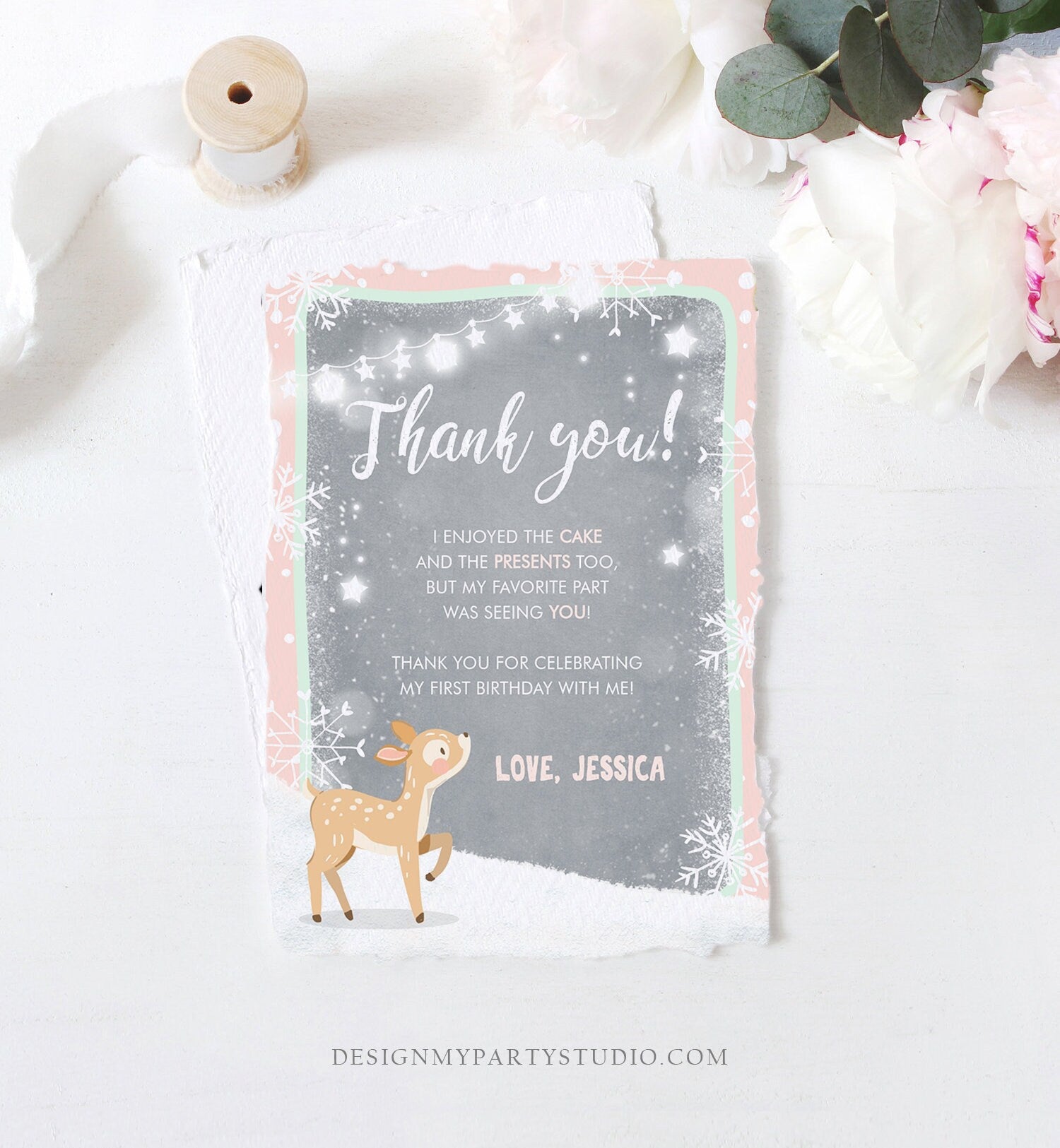 Editable Winter ONEderland Thank You Card Birthday First Birthday Snow Snowflake Girl Pink Mint Grey Deer Printable Template Corjl 0109
