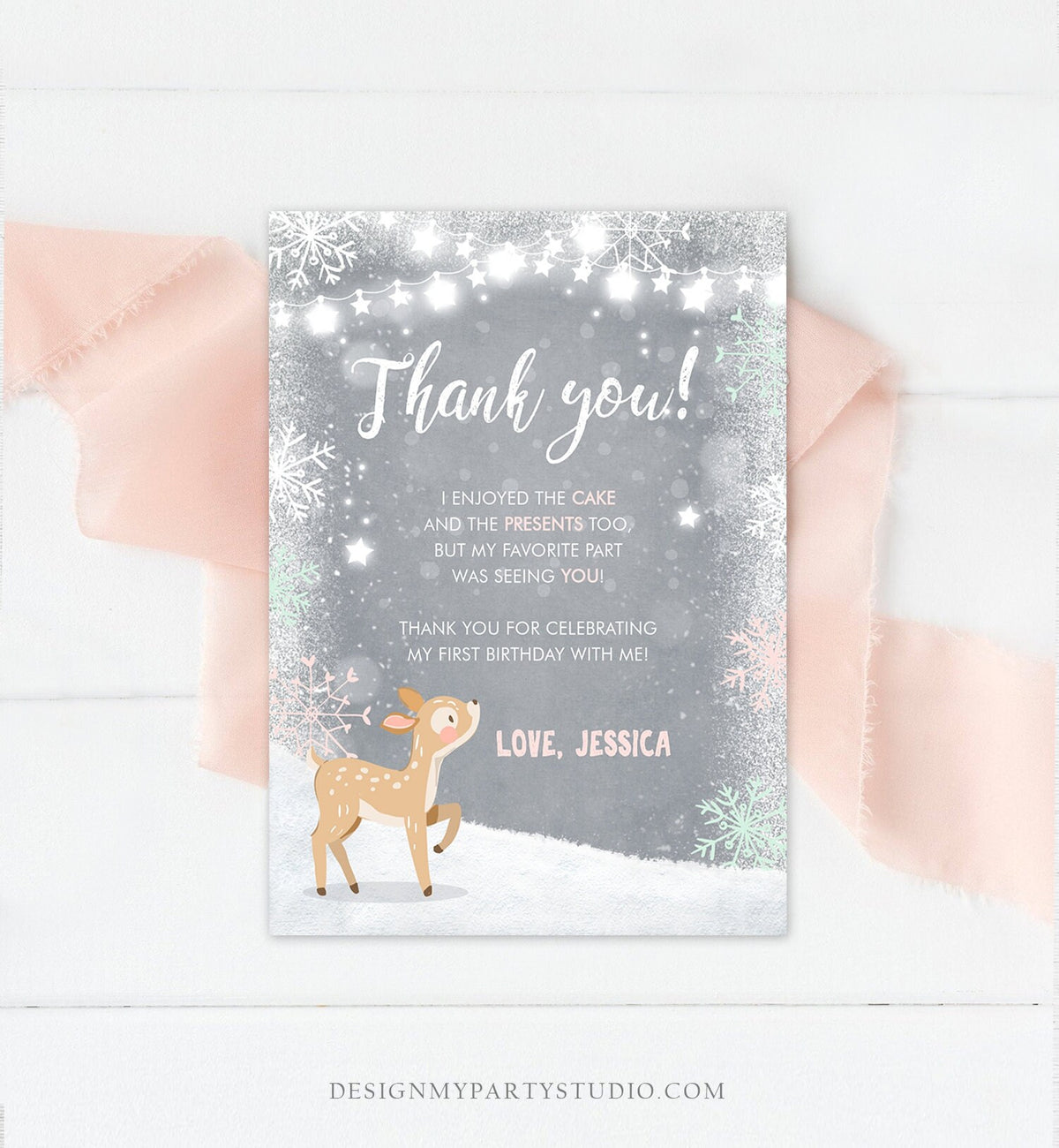 Editable Winter ONEderland Thank You Card Birthday First Birthday Snow Snowflake Girl Pink Mint Grey Deer Printable Template Corjl 0109
