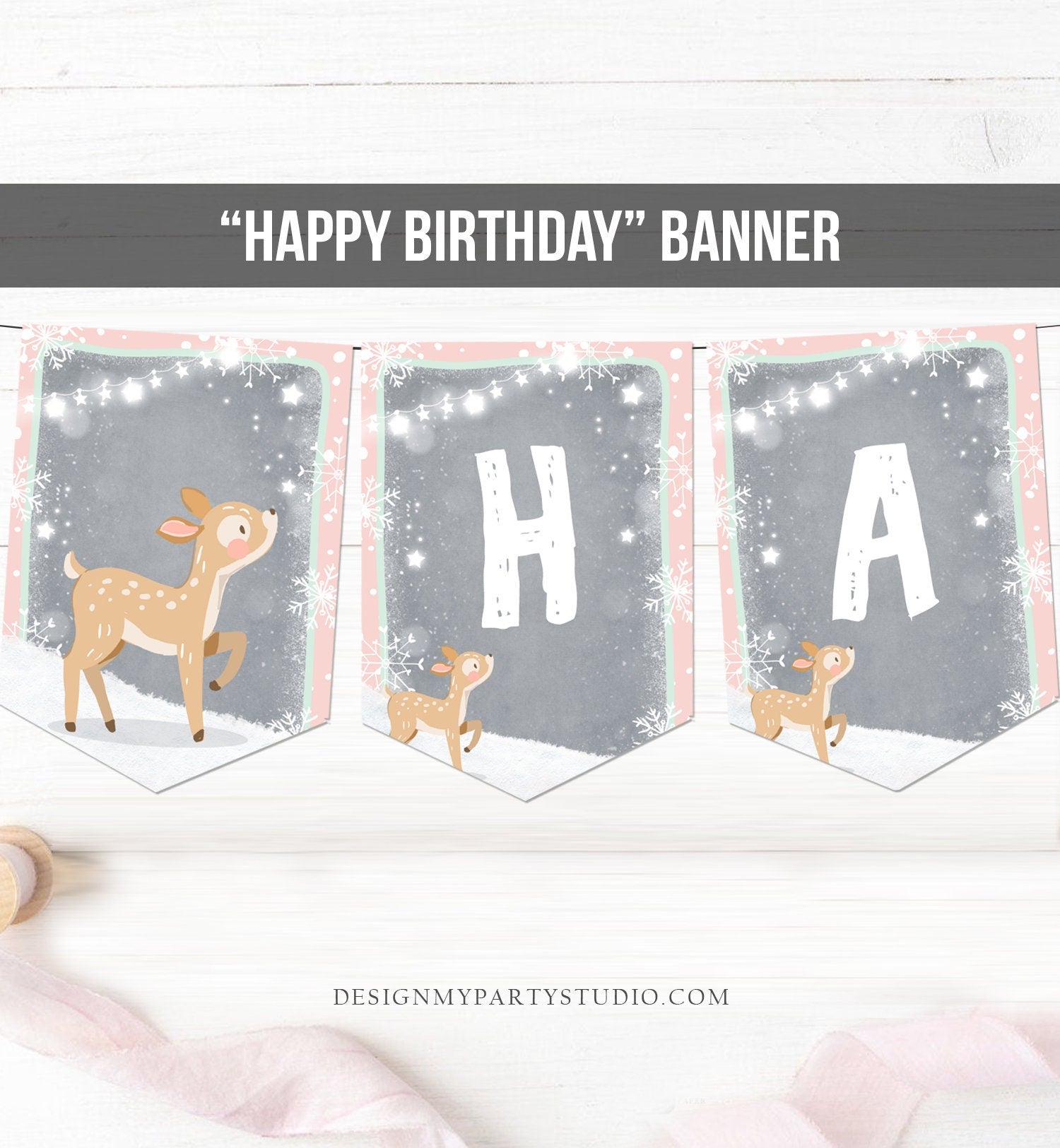 Happy Birthday Banner Winter Onederland Birthday Banner Deer Pink Snow -  Design My Party Studio