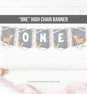 High Chair ONE Banner Winter Onederland Birthday Banner Deer Pink Snow First Birthday 1st Decor Winter Wonderland Download Printable 0073