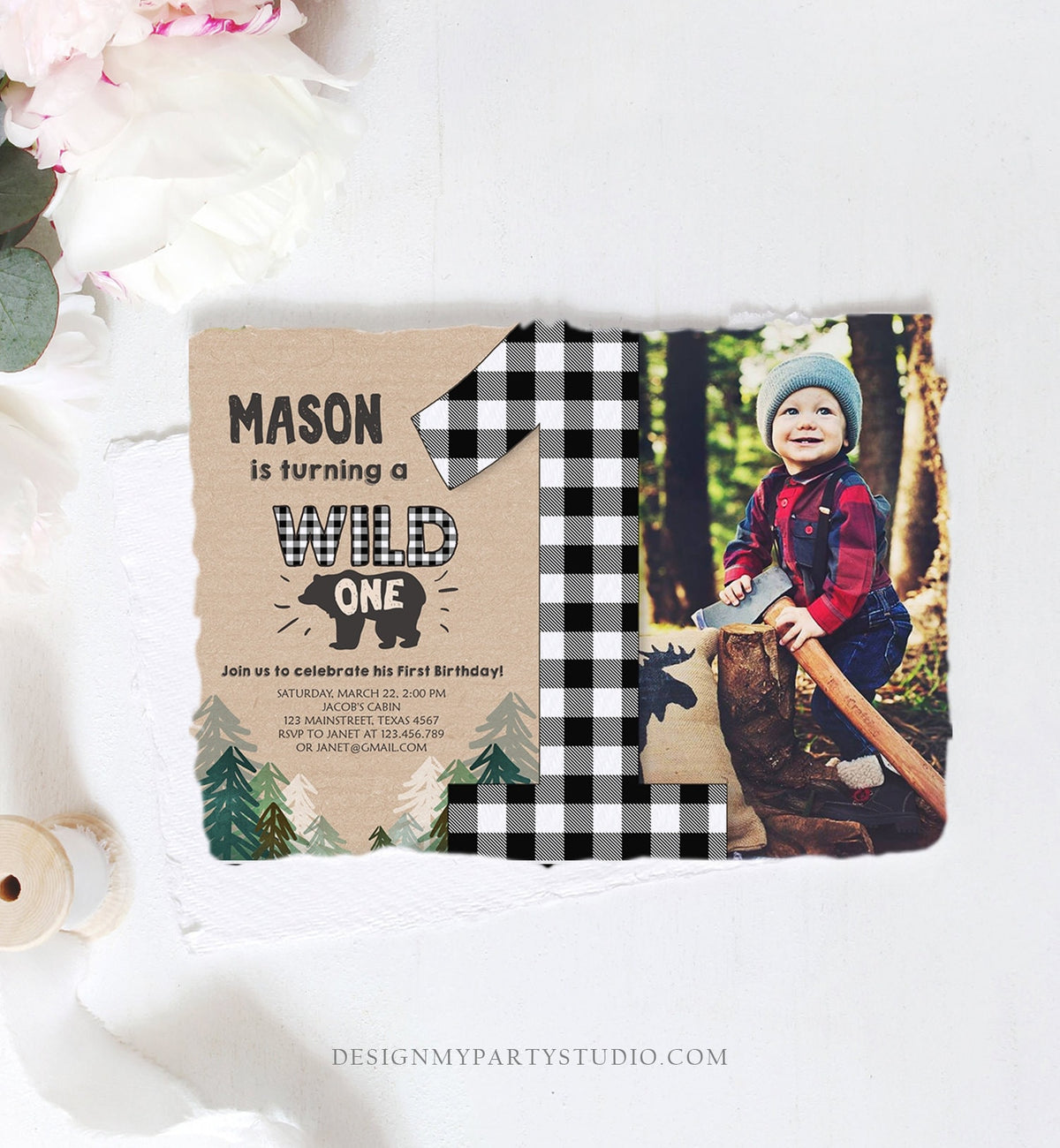 Editable Lumberjack Wild One Birthday Invitation First Birthday Forest Trees Black White Plaid Outdoor Bear Boy 1st Corjl Template 0026
