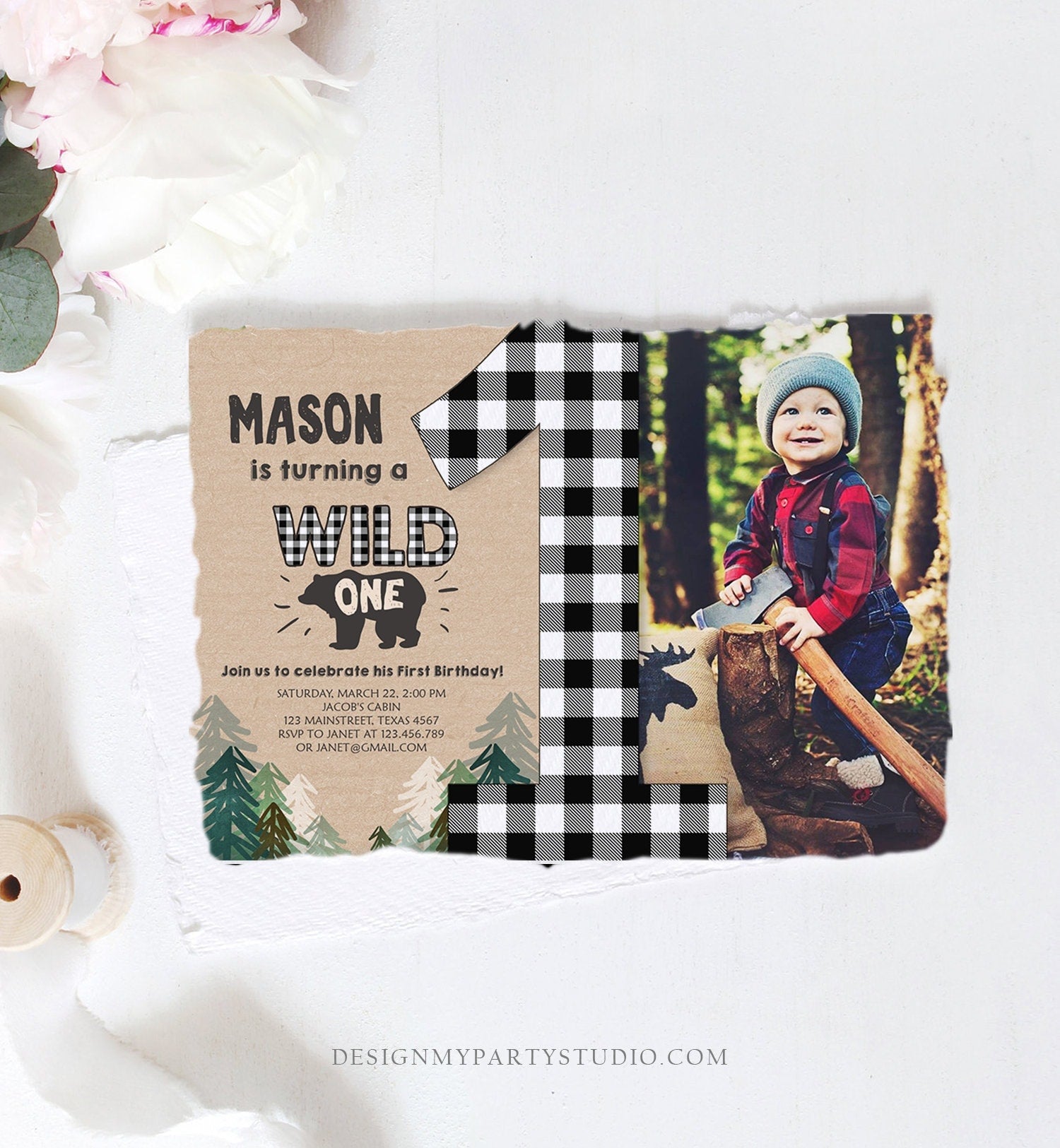 Editable Lumberjack Wild One Birthday Invitation First Birthday Forest Trees Black White Plaid Outdoor Bear Boy 1st Corjl Template 0026
