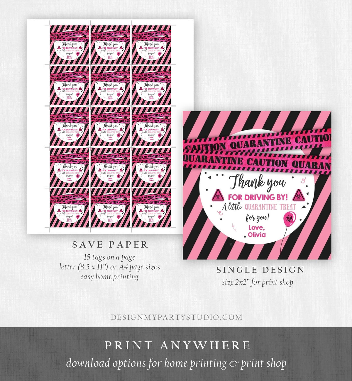 Editable Drive By Birthday Thank you Tags Pink Girl Quarantine Thank You Tag Drive Through Party Sticker Label Corjl Template Printable 0334
