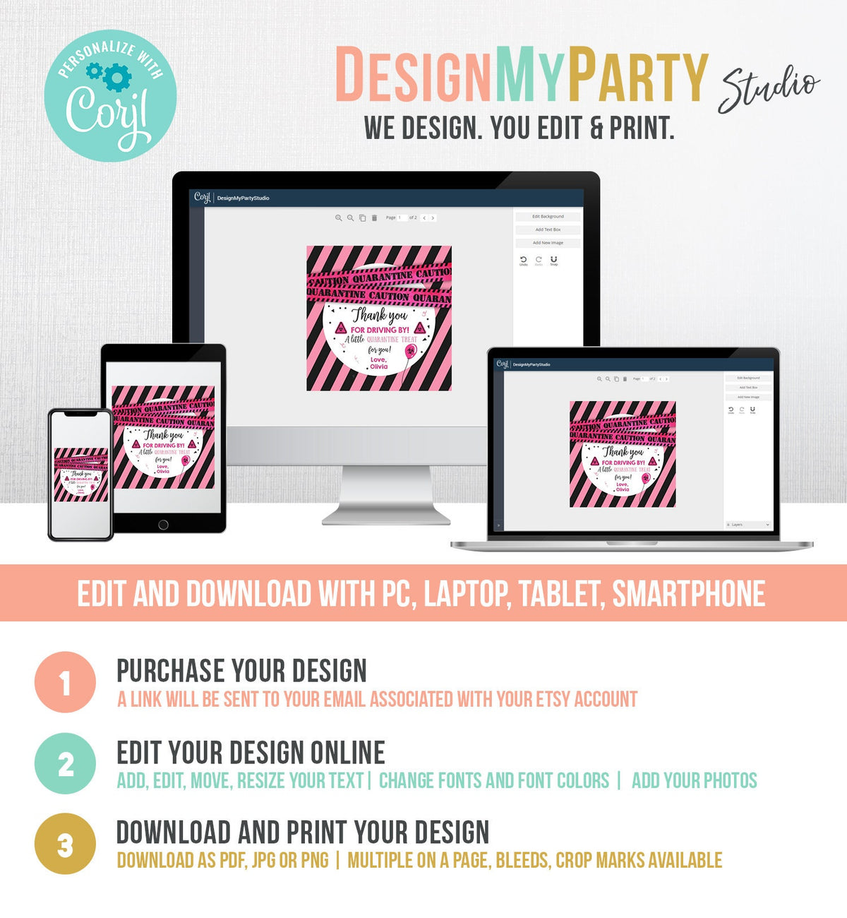 Editable Drive By Birthday Thank you Tags Pink Girl Quarantine Thank You Tag Drive Through Party Sticker Label Corjl Template Printable 0334