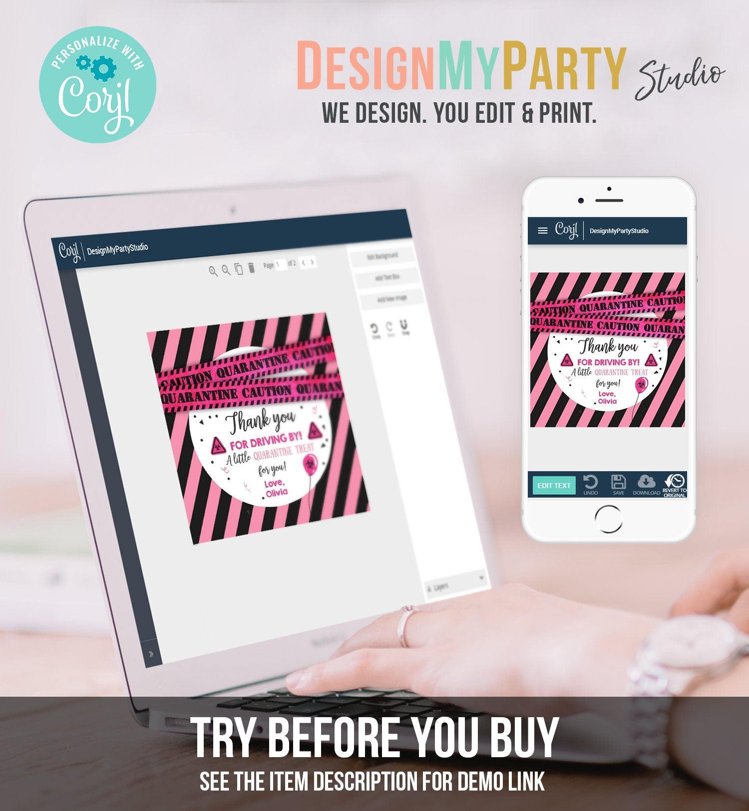 Editable Drive By Birthday Thank you Tags Pink Girl Quarantine Thank You Tag Drive Through Party Sticker Label Corjl Template Printable 0334