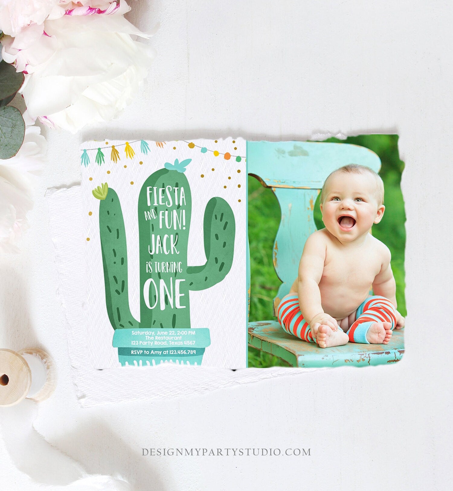 Editable Cactus Fiesta Birthday Invitation Boy Blue First Birthday Succulent 1st Mexican Fiesta and Fun Corjl Photo Template Printable 0255