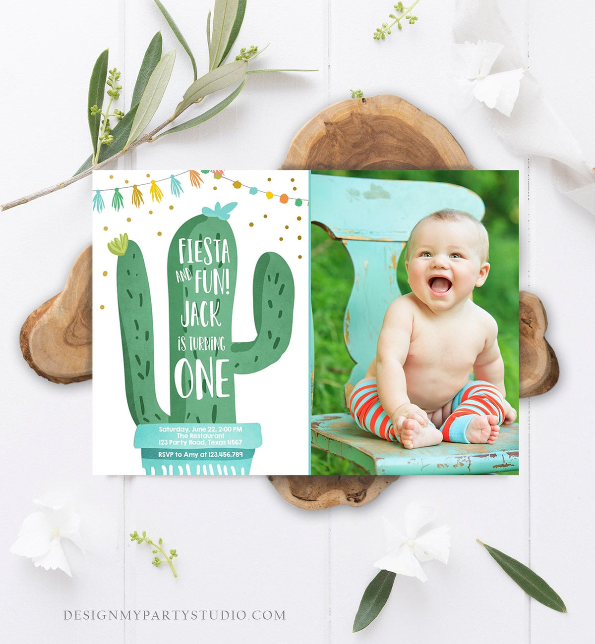 Editable Cactus Fiesta Birthday Invitation Boy Blue First Birthday Succulent 1st Mexican Fiesta and Fun Corjl Photo Template Printable 0255