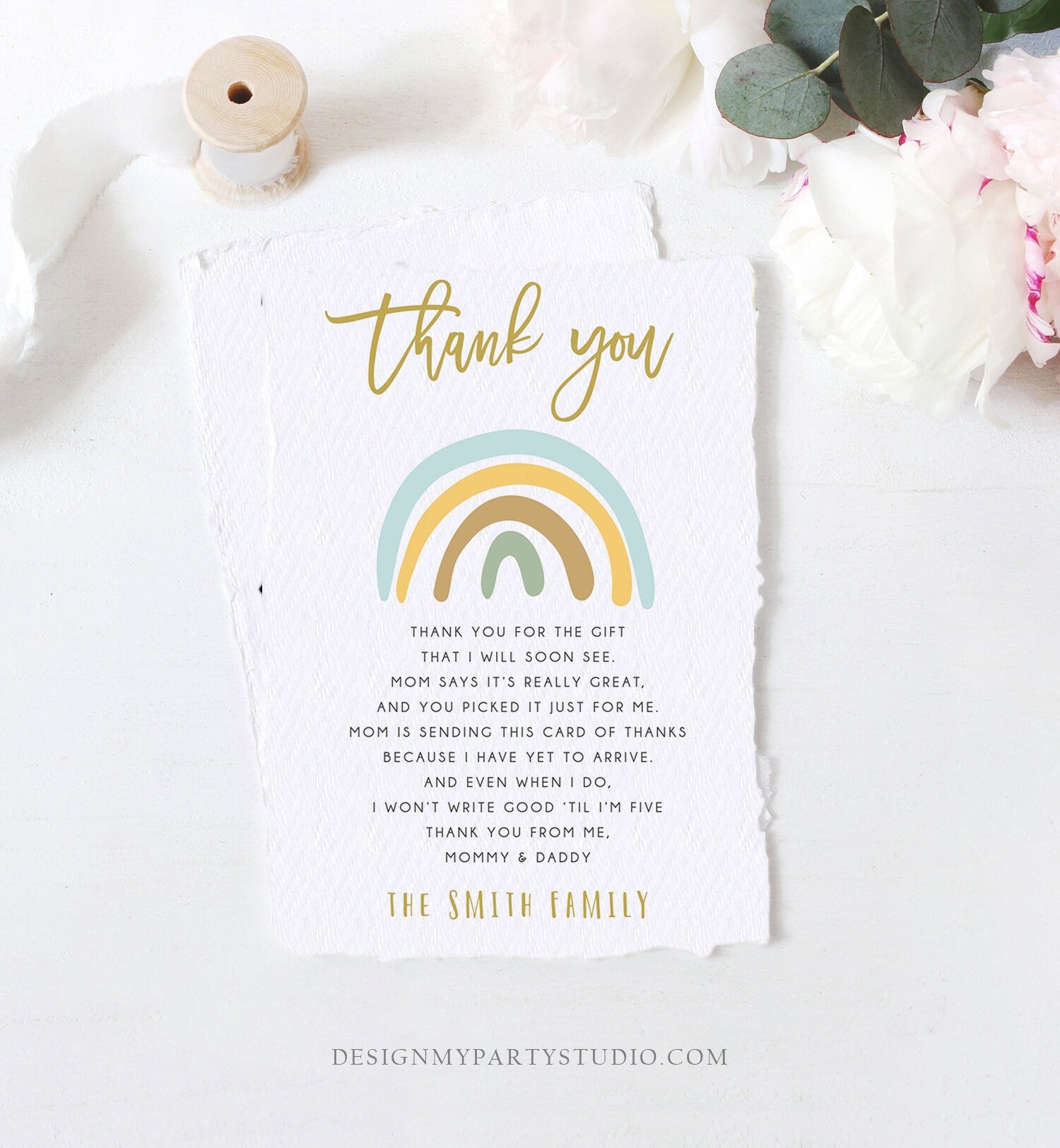 Editable Baby shower Thank you note Rainbow Thank You Rustic Boy Baby Shower Pastel Neutral Birthday Template Instant Download Corjl 0331