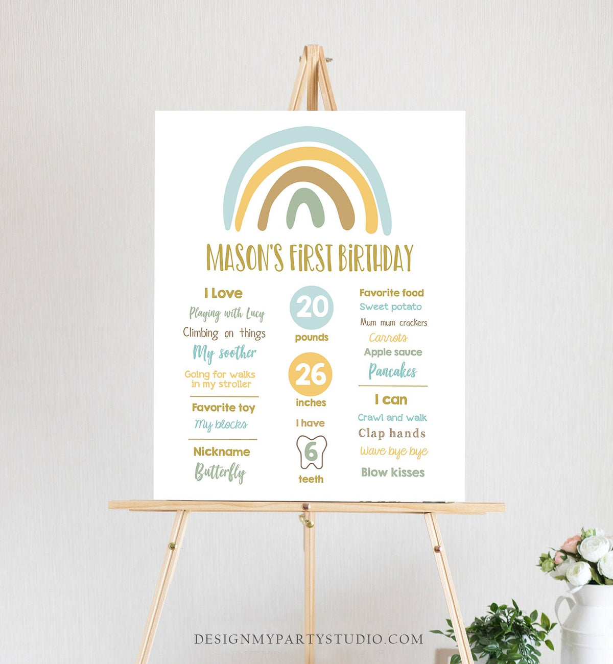 Editable Rainbow Birthday Milestones Sign Boy First Birthday 1st Pastel Infographic Birthday Decor Download Corjl Template Printable 0331