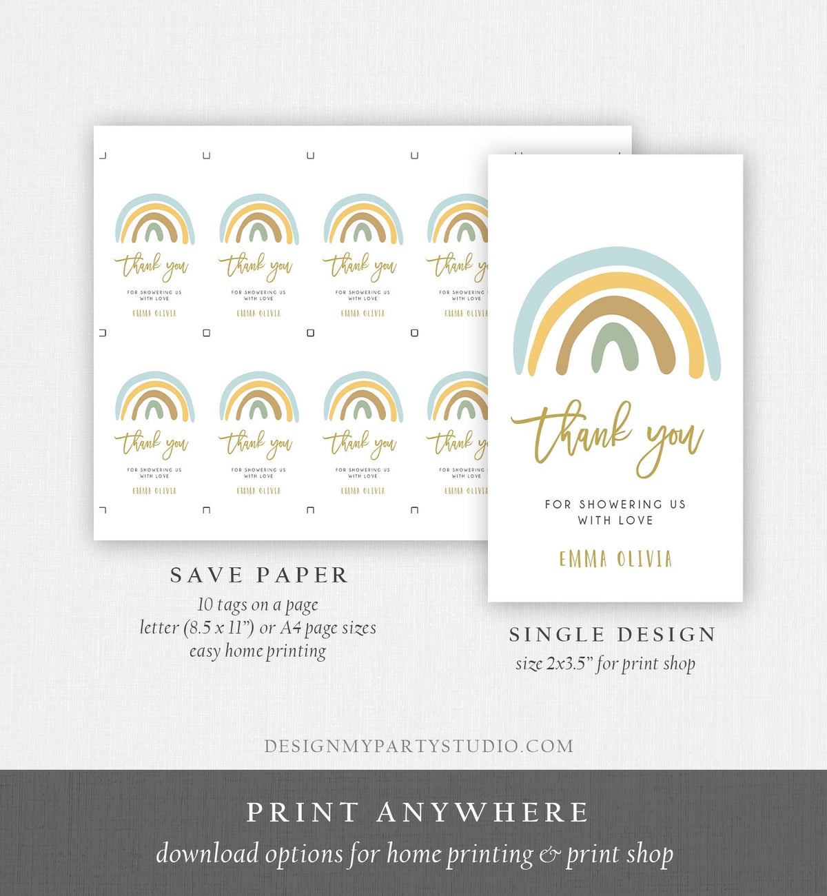 Editable Rainbow Favor Tags Rainbow Baby Shower Thank you tags Pastel Rainbow Tags Blue Boy Neutral Colors Template PRINTABLE Corjl 0331