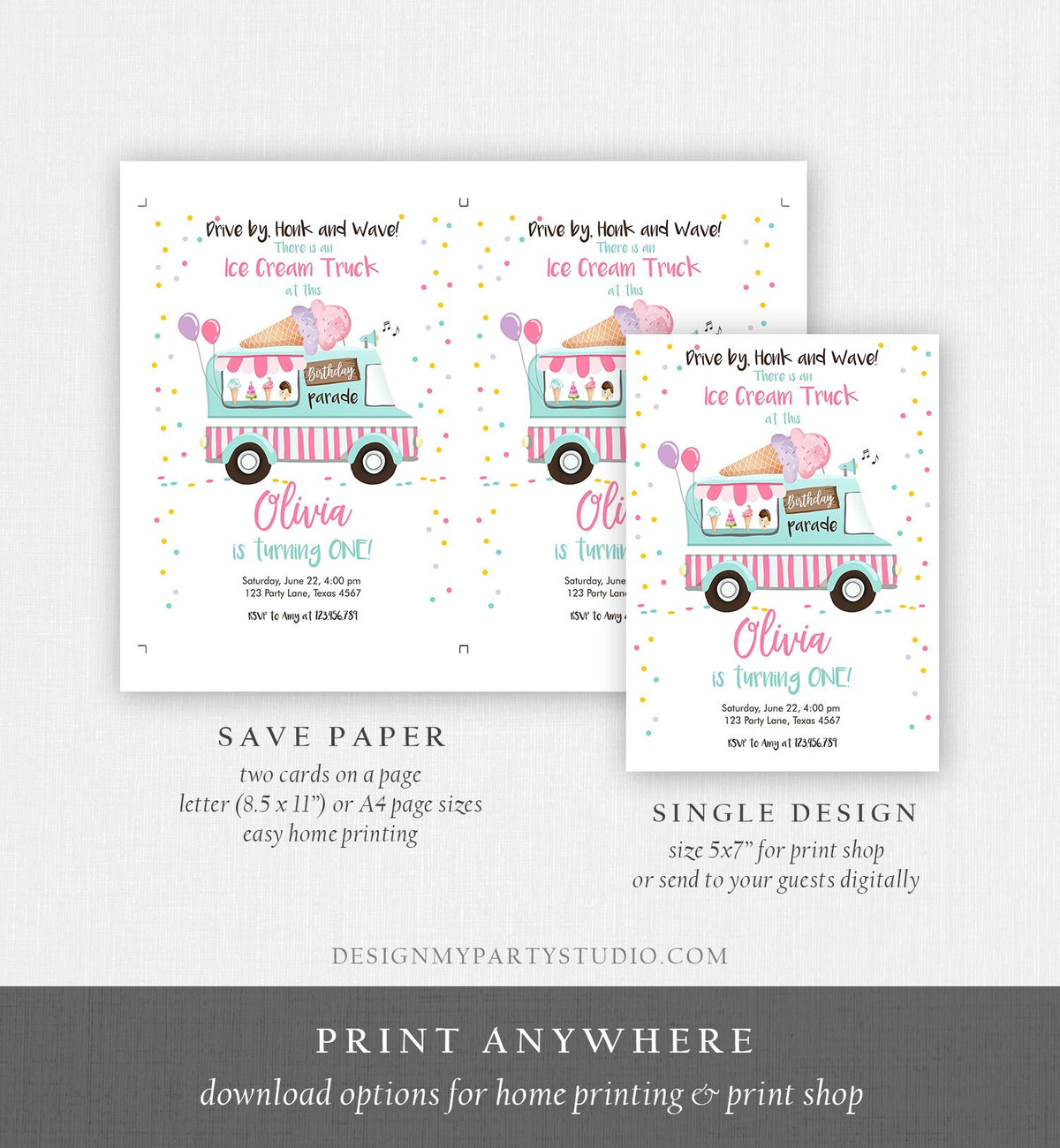 Editable Ice Cream Truck Birthday Invitation Birthday Parade Drive By Birthday Invite Quarantine Party Scoop Printable Template Corjl 0243