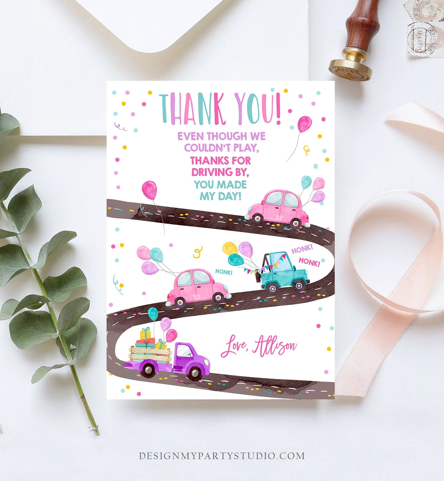 Editable Drive By Birthday Parade Thank You Card Virtual Party Invite Honk Wave Car Girl Pink Quarantine Instant Download Digital Corjl 0333