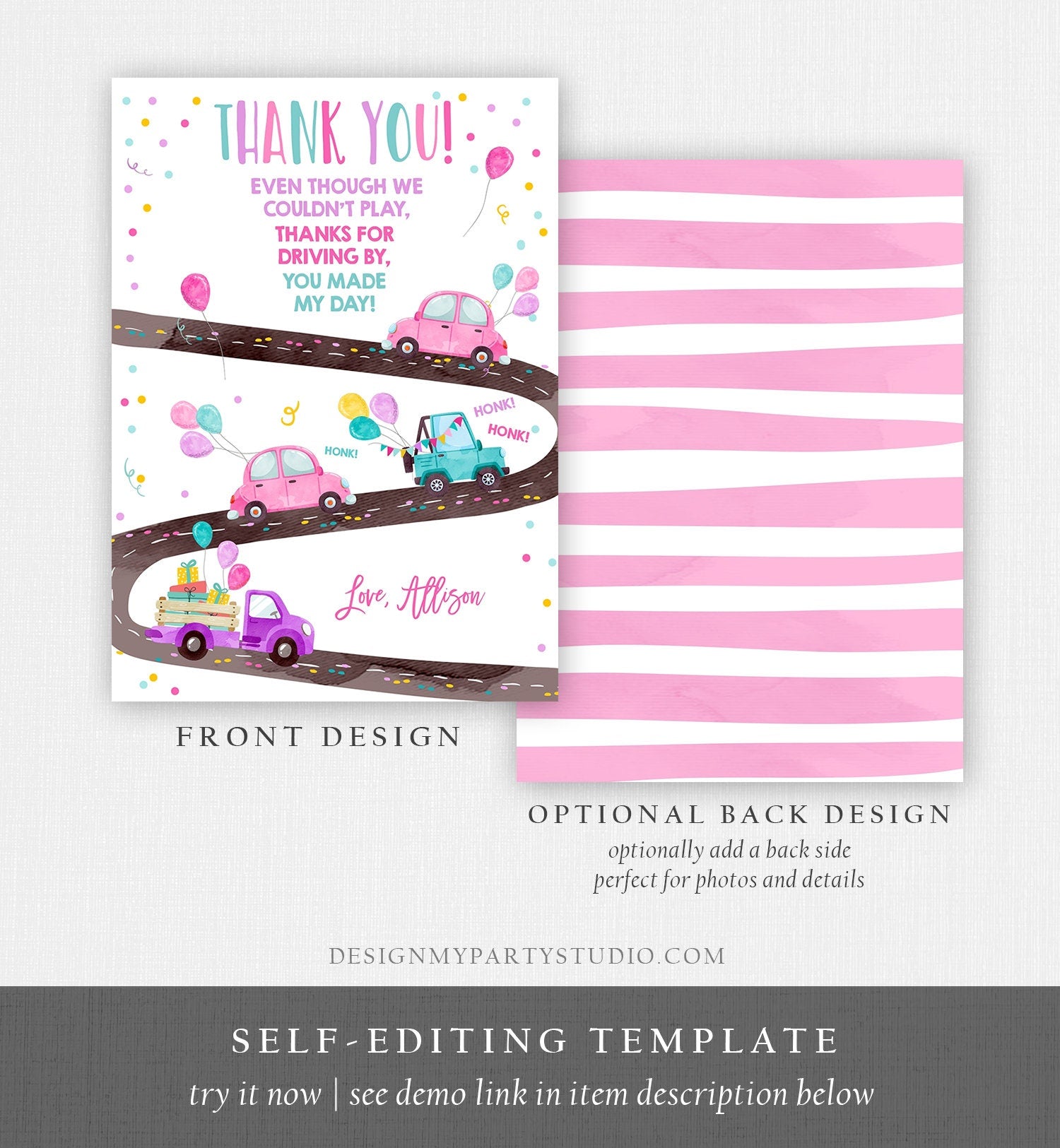 Editable Drive By Birthday Parade Thank You Card Virtual Party Invite Honk Wave Car Girl Pink Quarantine Instant Download Digital Corjl 0333