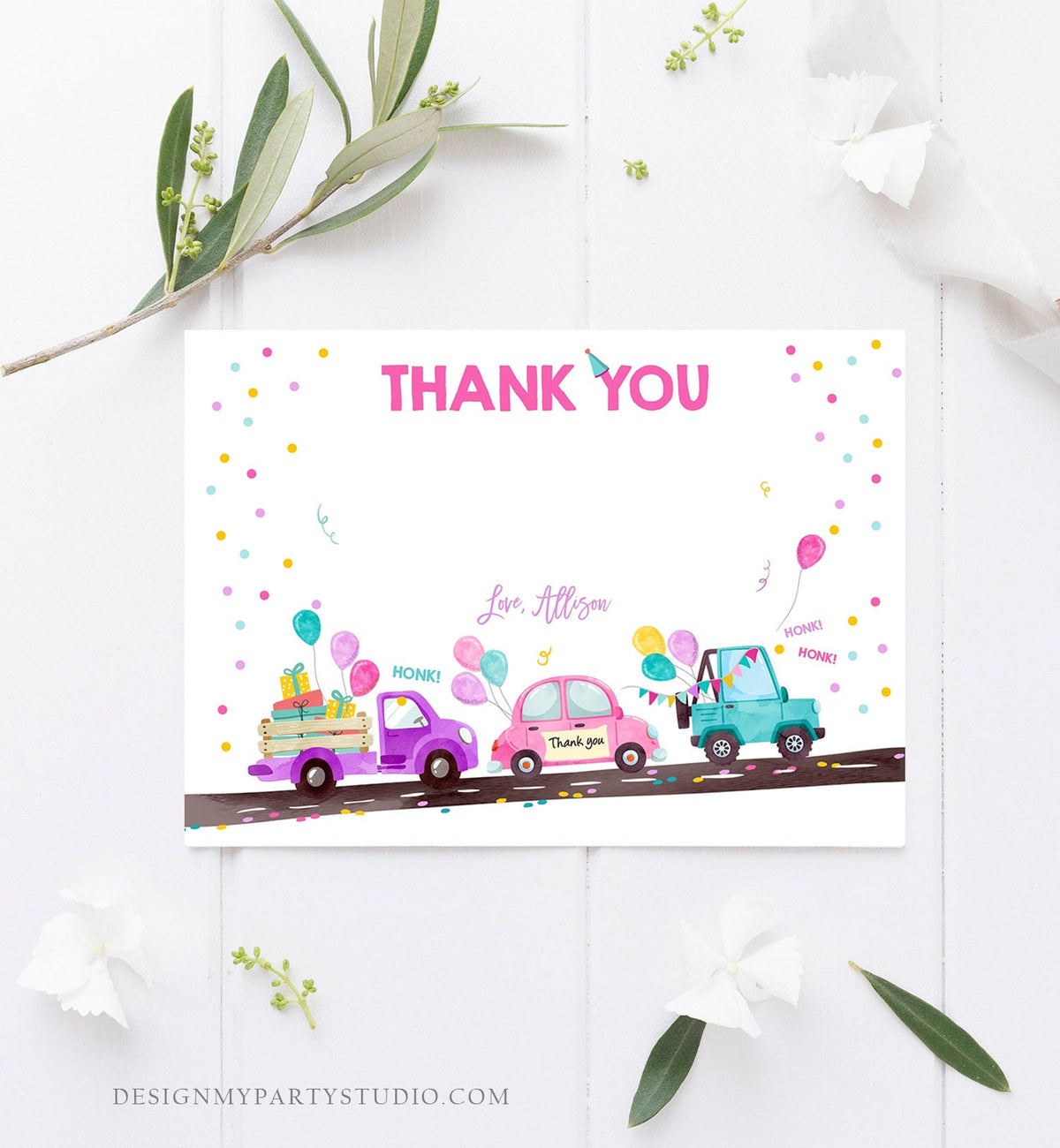 Editable Drive By Birthday Parade Thank You Card Virtual Party Invite Honk Wave Car Girl Pink Quarantine Instant Download Digital Corjl 0333