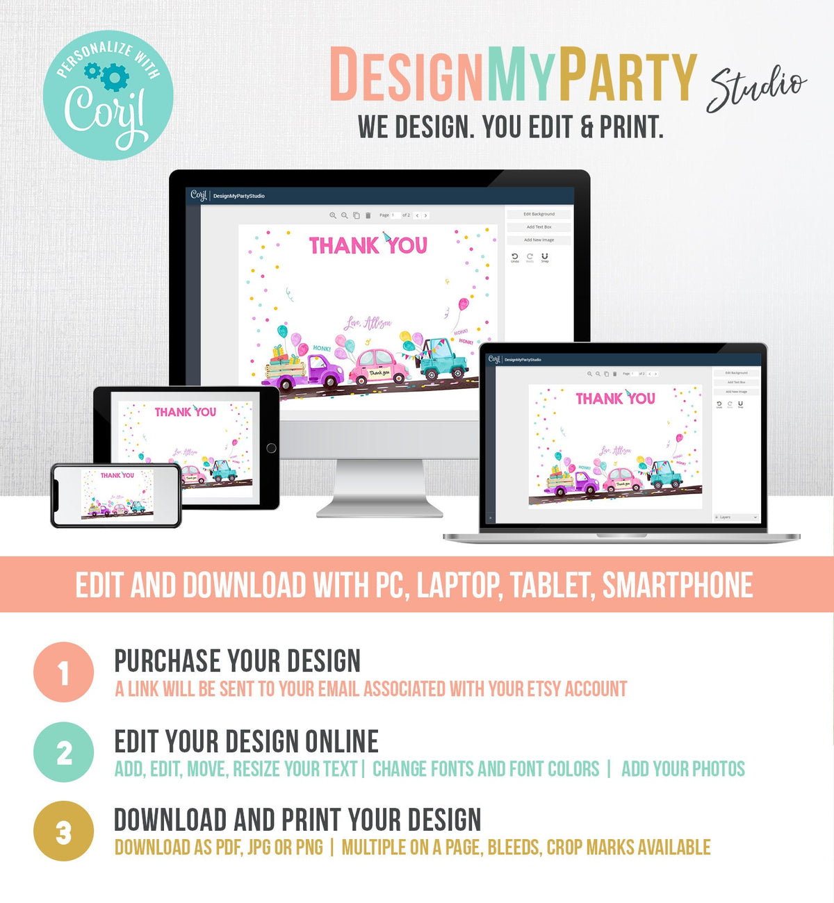 Editable Drive By Birthday Parade Thank You Card Virtual Party Invite Honk Wave Car Girl Pink Quarantine Instant Download Digital Corjl 0333