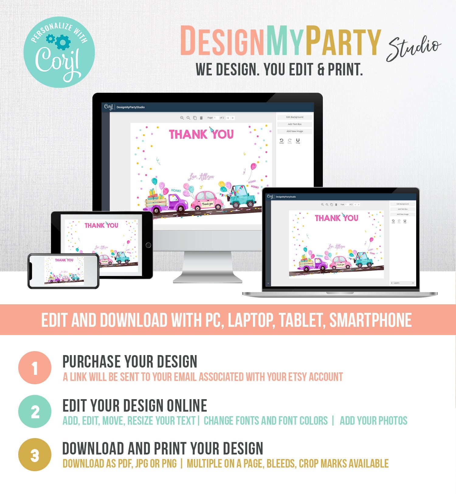 Editable Drive By Birthday Parade Thank You Card Virtual Party Invite Honk Wave Car Girl Pink Quarantine Instant Download Digital Corjl 0333