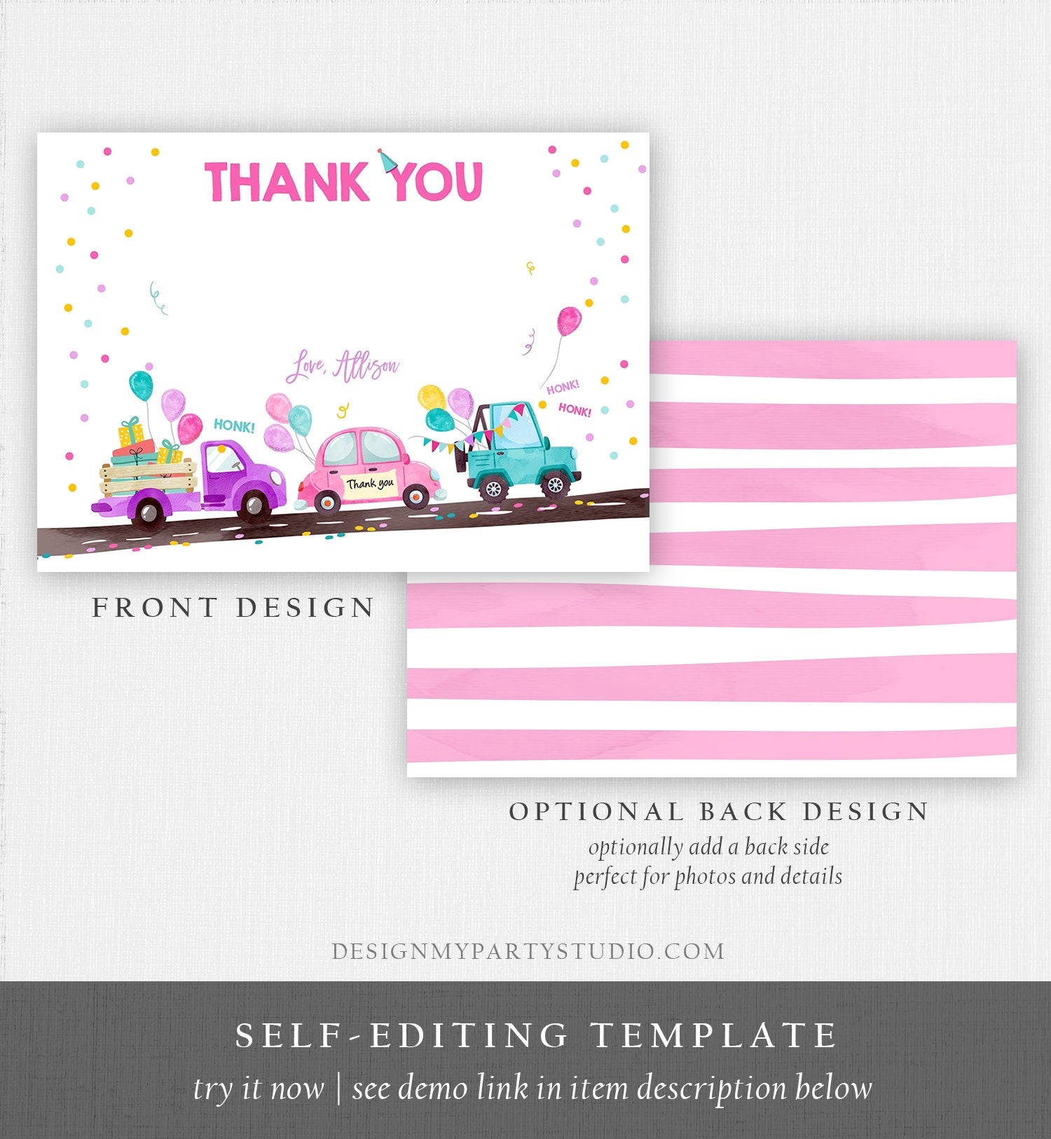 Editable Drive By Birthday Parade Thank You Card Virtual Party Invite Honk Wave Car Girl Pink Quarantine Instant Download Digital Corjl 0333