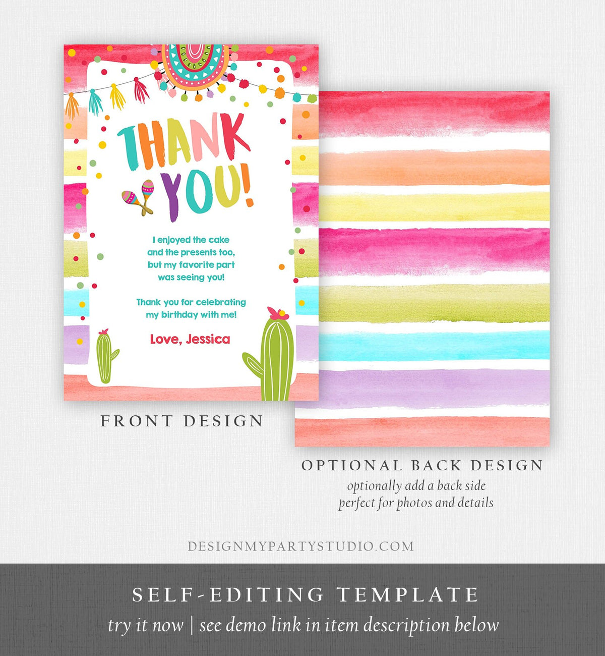 Editable Let&#39;s Fiesta Thank You Card Cactus Succulent First Birthday Party Girl 1st Mexican Uno Download Corjl Template Printable 0134