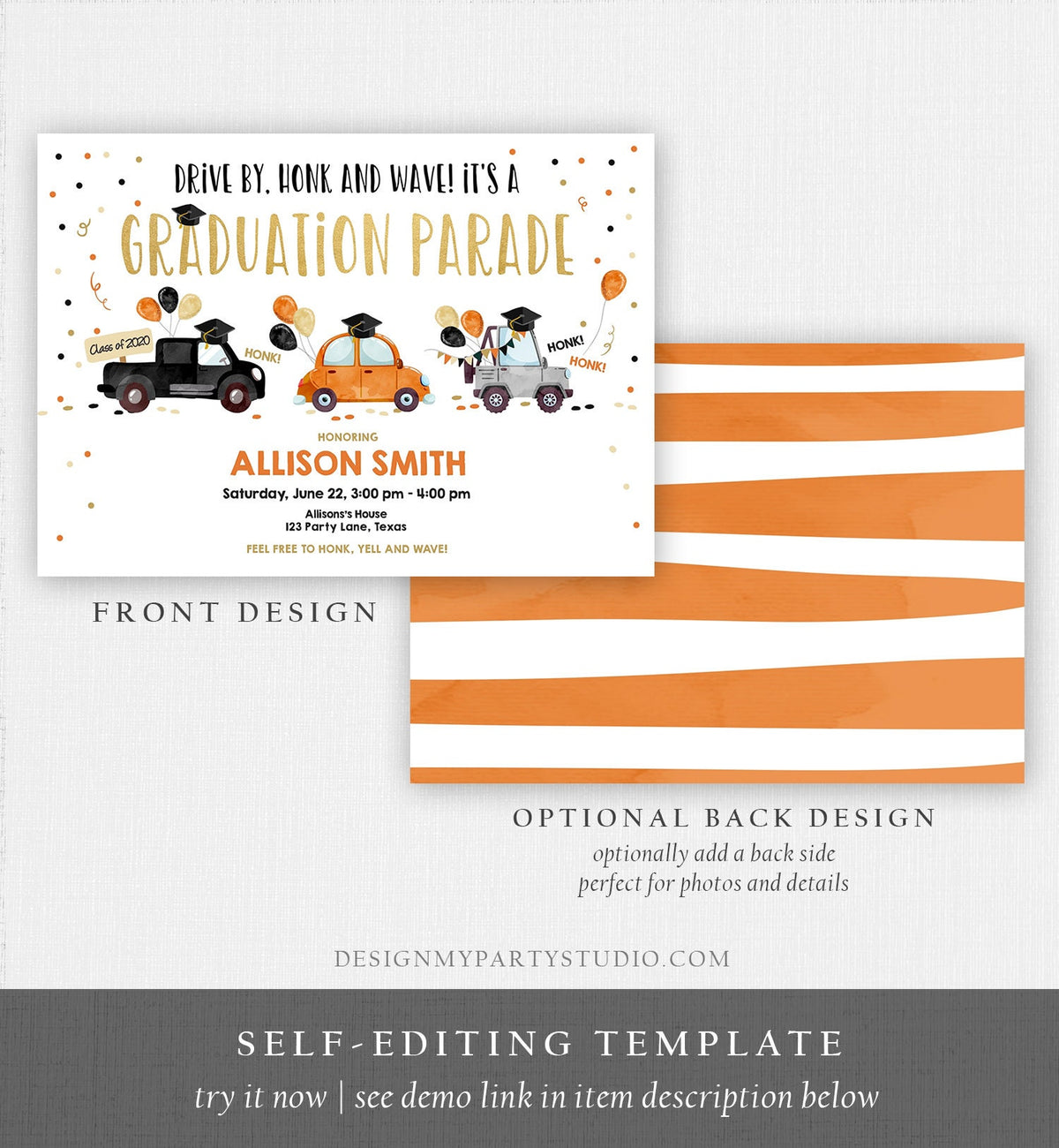 Editable Drive By Graduation Parade Invitation Drive Through Party Orange Gold Quarantine Graduate 2021 High School Grad Download Corjl 0337
