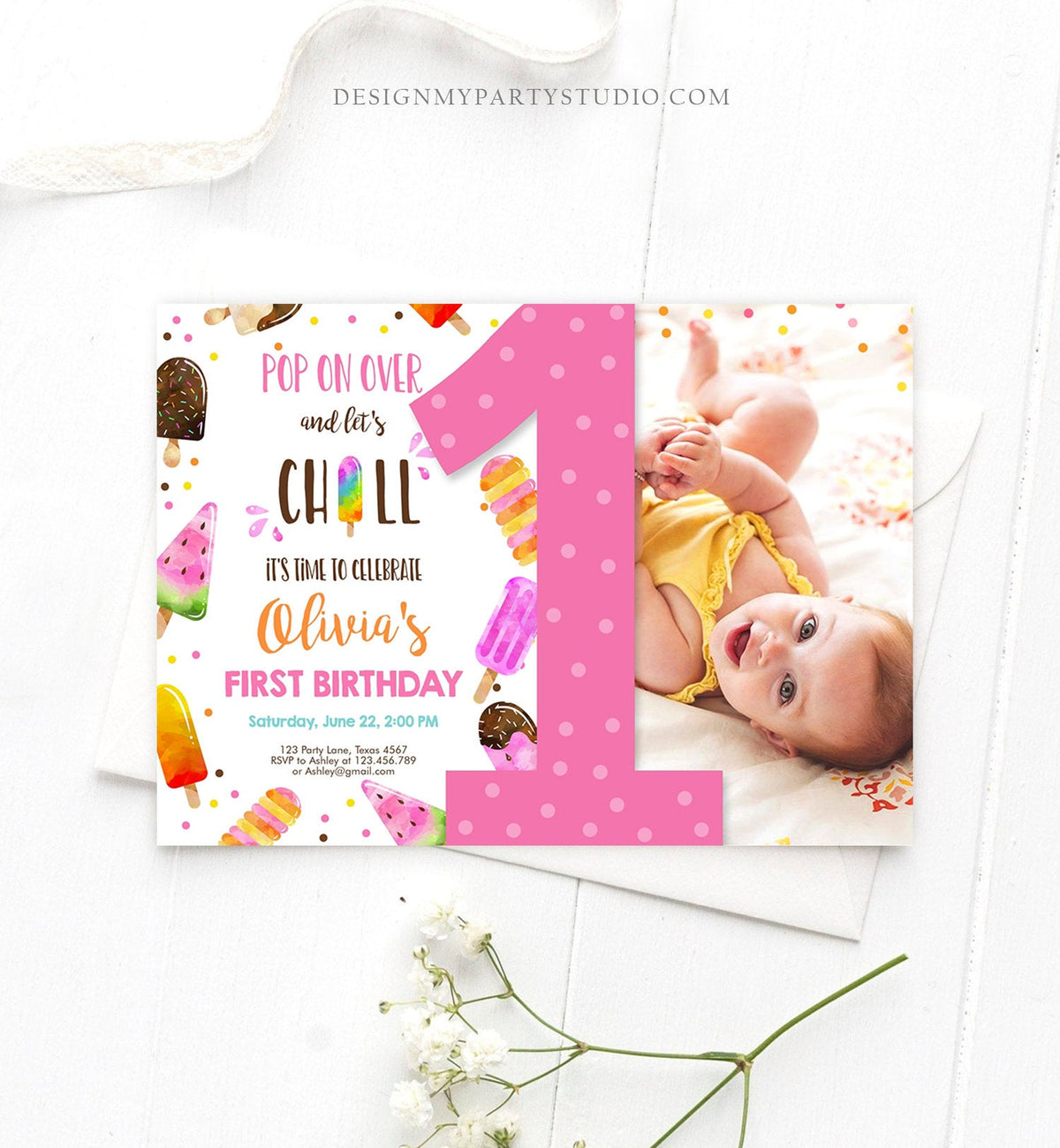 Editable Popsicle First Birthday Invitation Pink Girl Birthday Summer Pool Party Popsicle Party Swim Download Printable Template Corjl 0143