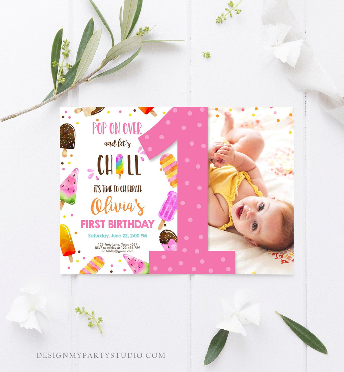 Editable Popsicle First Birthday Invitation Pink Girl Birthday Summer Pool Party Popsicle Party Swim Download Printable Template Corjl 0143