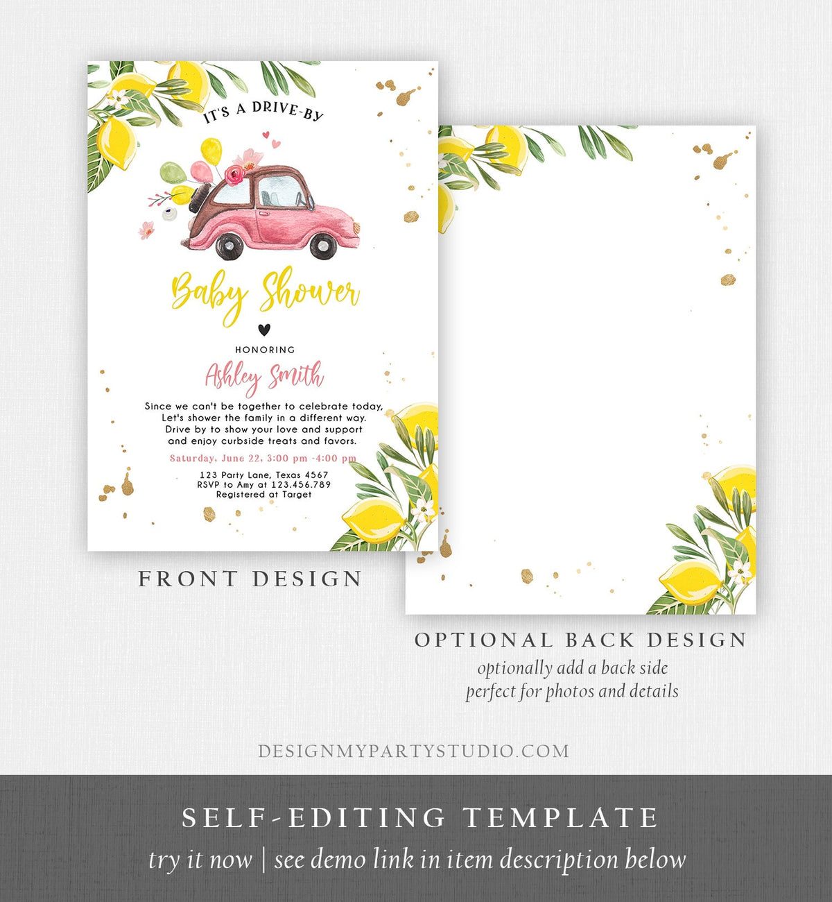 Editable Drive By Baby Shower Invitation Lemon Pink Girl Baby Shower Invite Drive Through Virtual Shower Lemons Template Download Corjl 0335