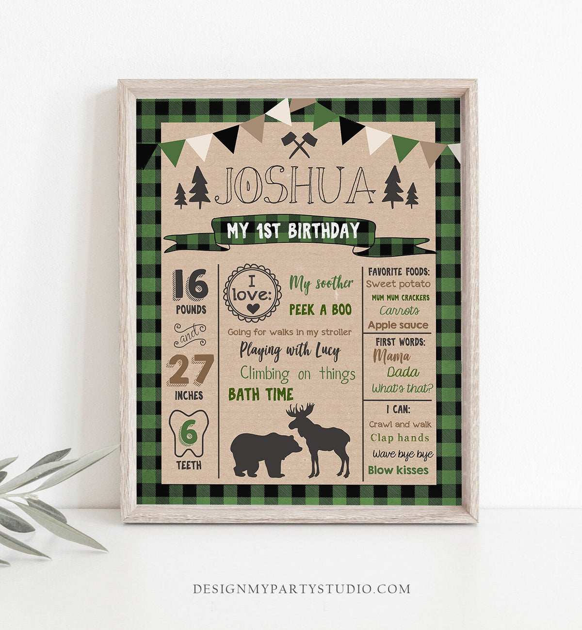 Editable Lumberjack Birthday Milestones Sign Poster Boy First Birthday 1st Green Black Plaid Hunter Green Woodland Bear Corjl Template 0026
