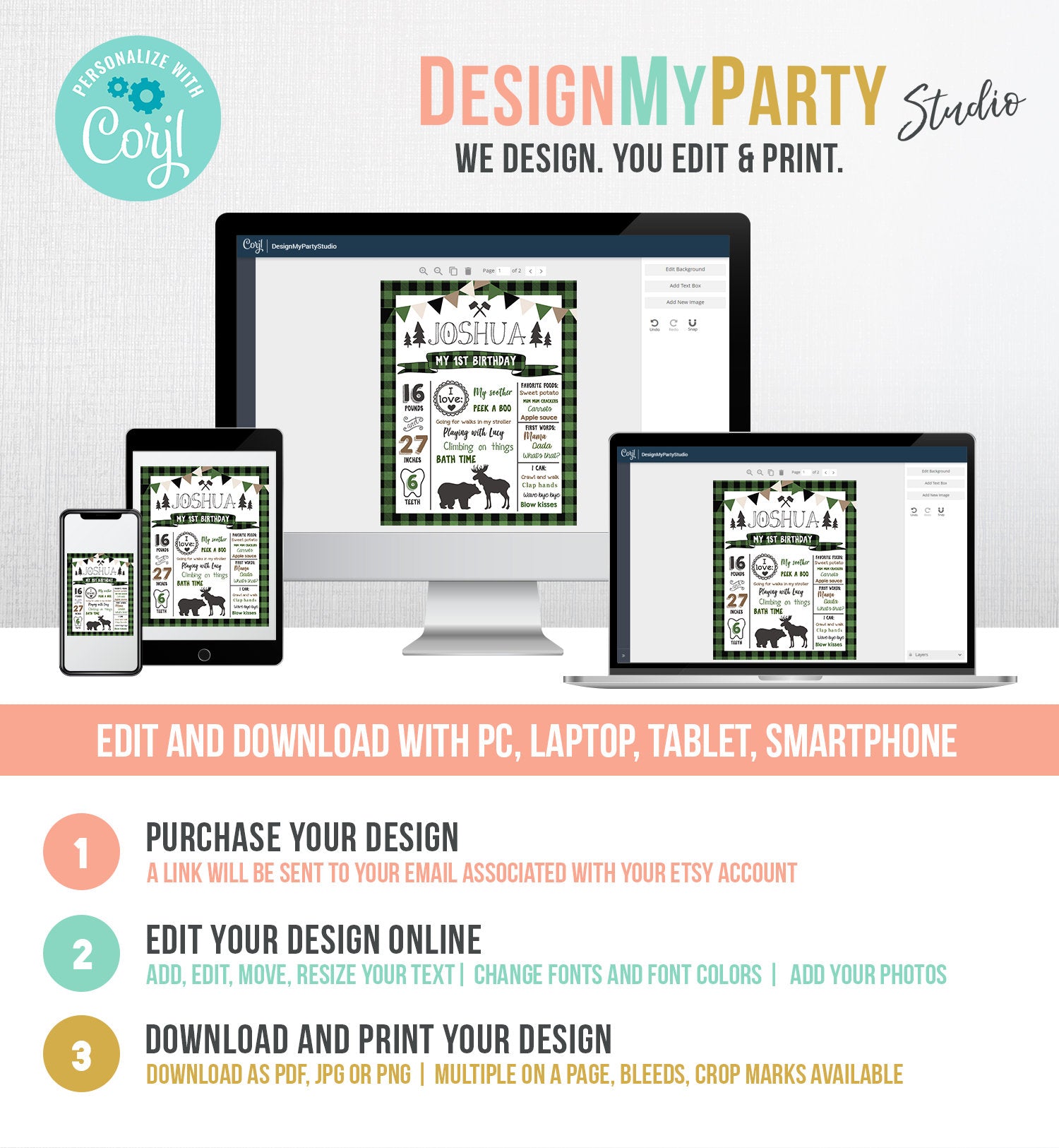 Editable Lumberjack Birthday Milestones Sign Poster Boy First Birthday 1st Green Black Plaid Hunter Green Woodland Bear Corjl Template 0377