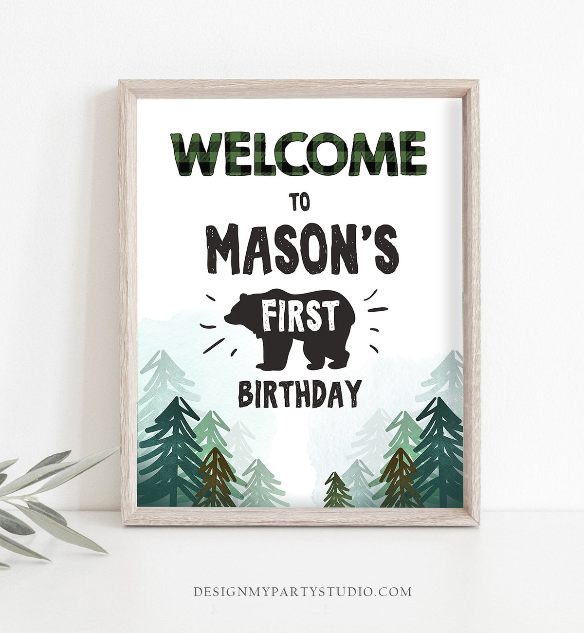 Editable Lumberjack Welcome Sign Lumberjack Birthday Sign Green Buffalo Plaid 1st Birthday Bear Wild One Trees Template Printable Corjl 0377