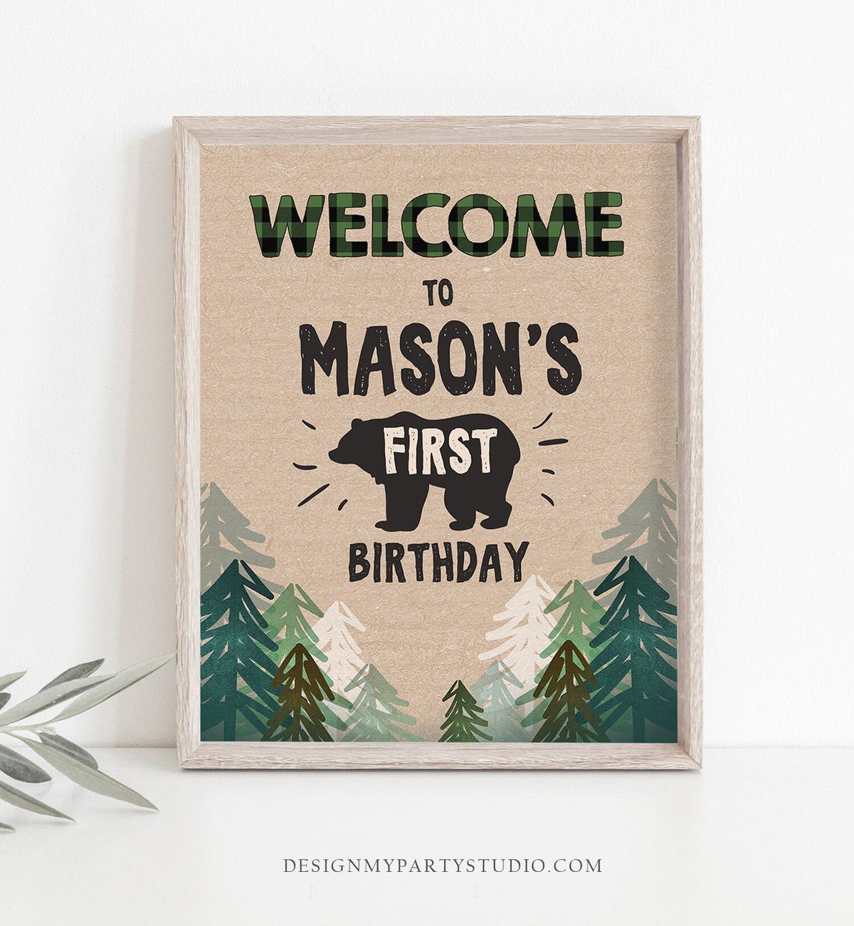 Editable Lumberjack Welcome Sign Lumberjack Birthday Sign Green Buffalo Plaid 1st Birthday Bear Wild One Trees Template Printable Corjl 0026