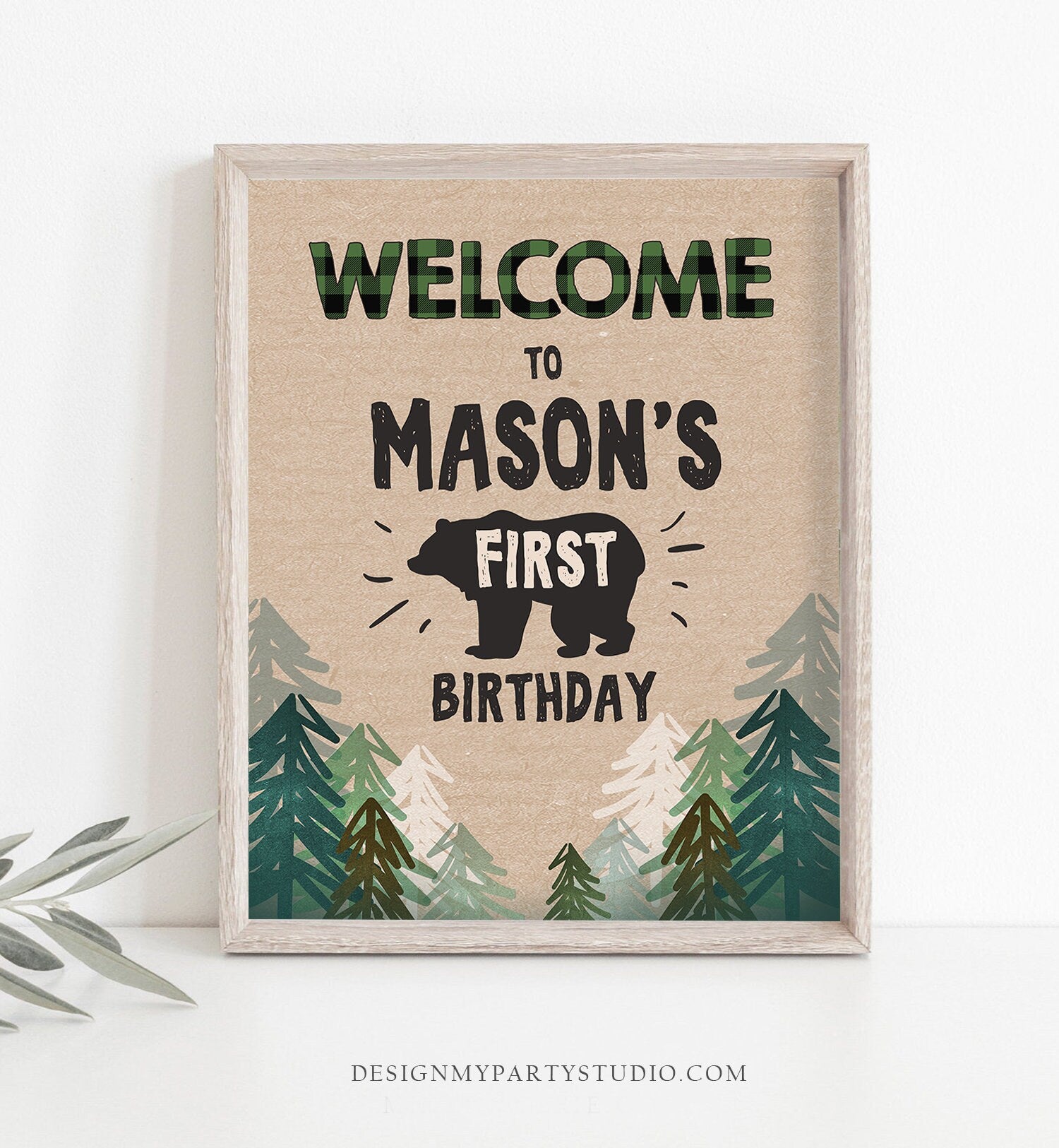 Editable Lumberjack Welcome Sign Lumberjack Birthday Sign Green Buffalo Plaid 1st Birthday Bear Wild One Trees Template Printable Corjl 0026