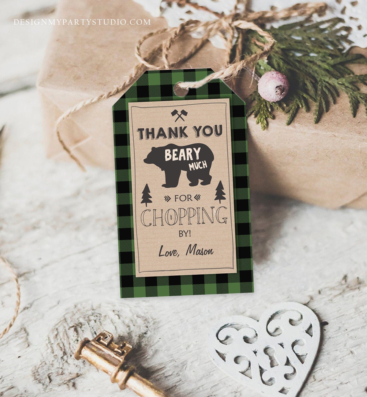 Editable Lumberjack Favor Tags Thank You Beary Much Lumberjack Tags Shower Chopping By Green Buffalo Plaid Corjl Template Printable 0026