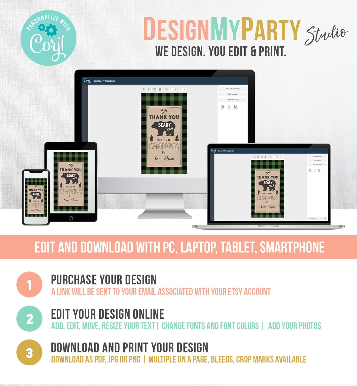 Editable Lumberjack Favor Tags Thank You Beary Much Lumberjack Tags Shower Chopping By Green Buffalo Plaid Corjl Template Printable 0026