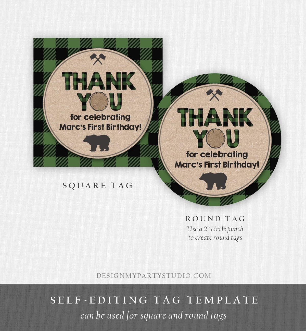 Editable Lumberjack Favor Tags Thank You Lumberjack Birthday Round Square Sticker Baby Shower Woodland Green Plaid Bear Corjl Template 0026