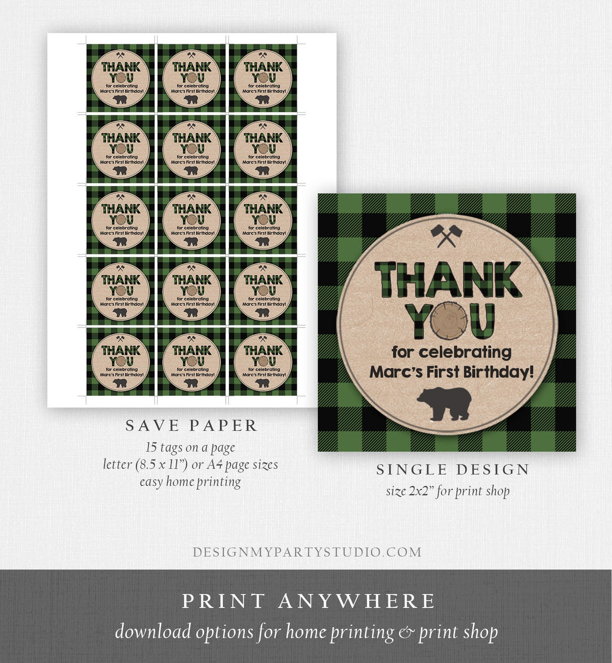 Editable Lumberjack Favor Tags Thank You Lumberjack Birthday Round Square Sticker Baby Shower Woodland Green Plaid Bear Corjl Template 0026